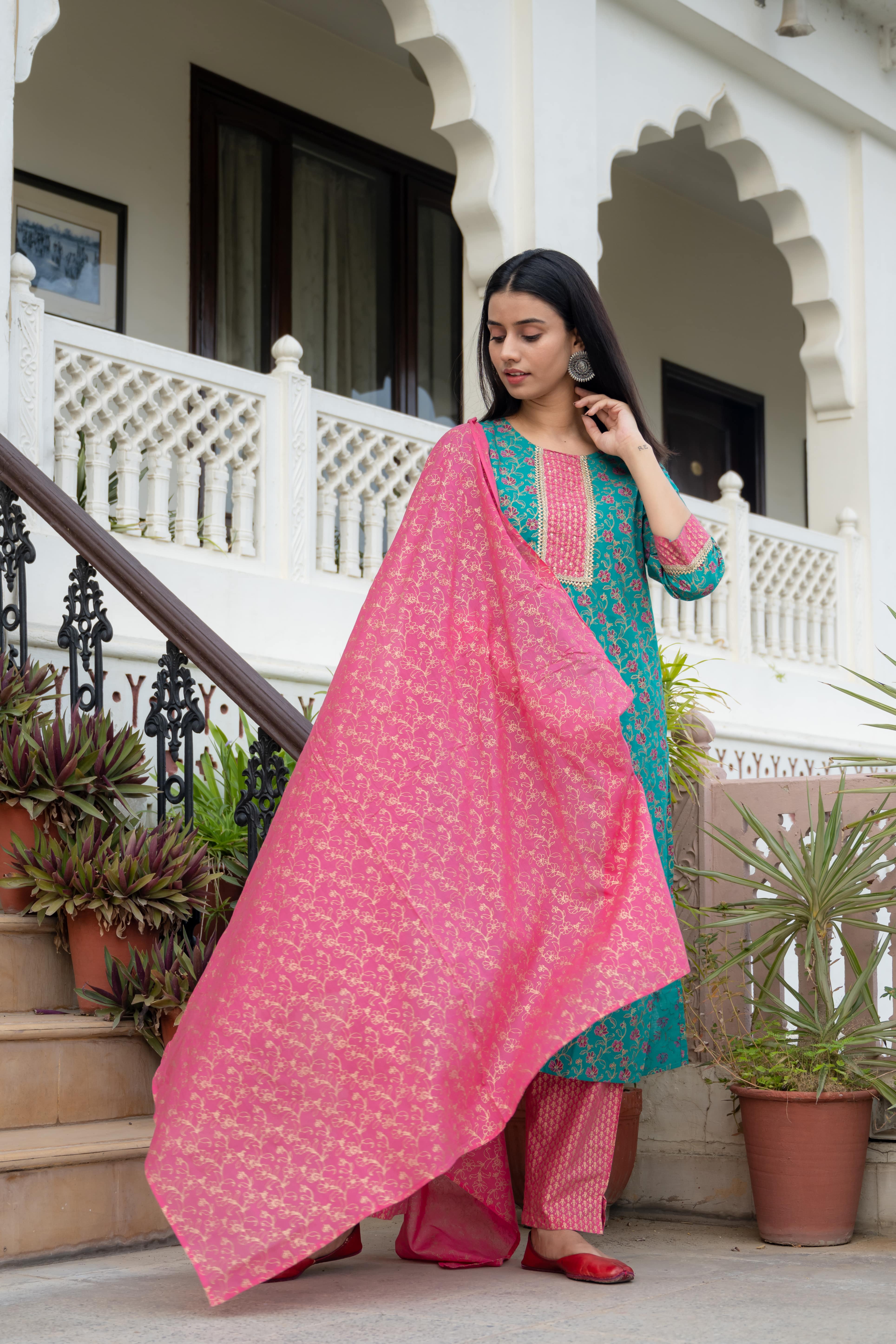 Teal & Pink Floral Printed Cotton Kurta Set with Dupatta