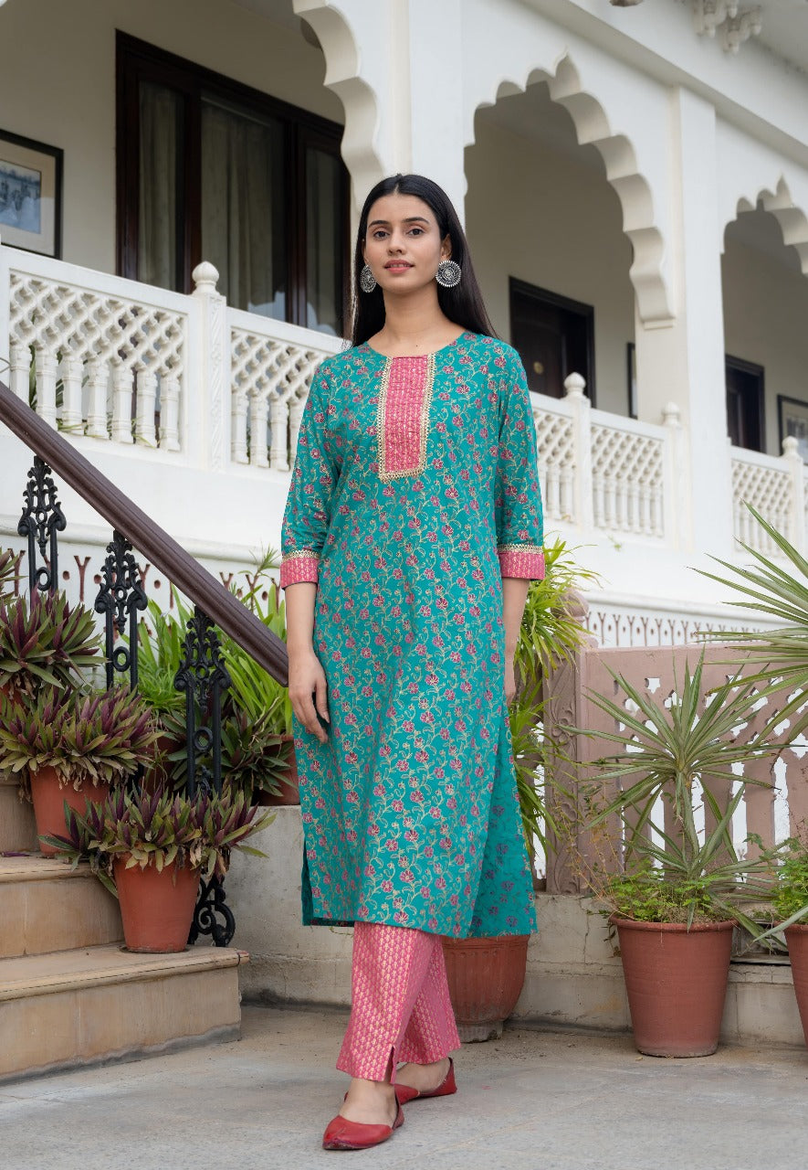 Teal & Pink Floral Printed Cotton Kurta Set with Dupatta