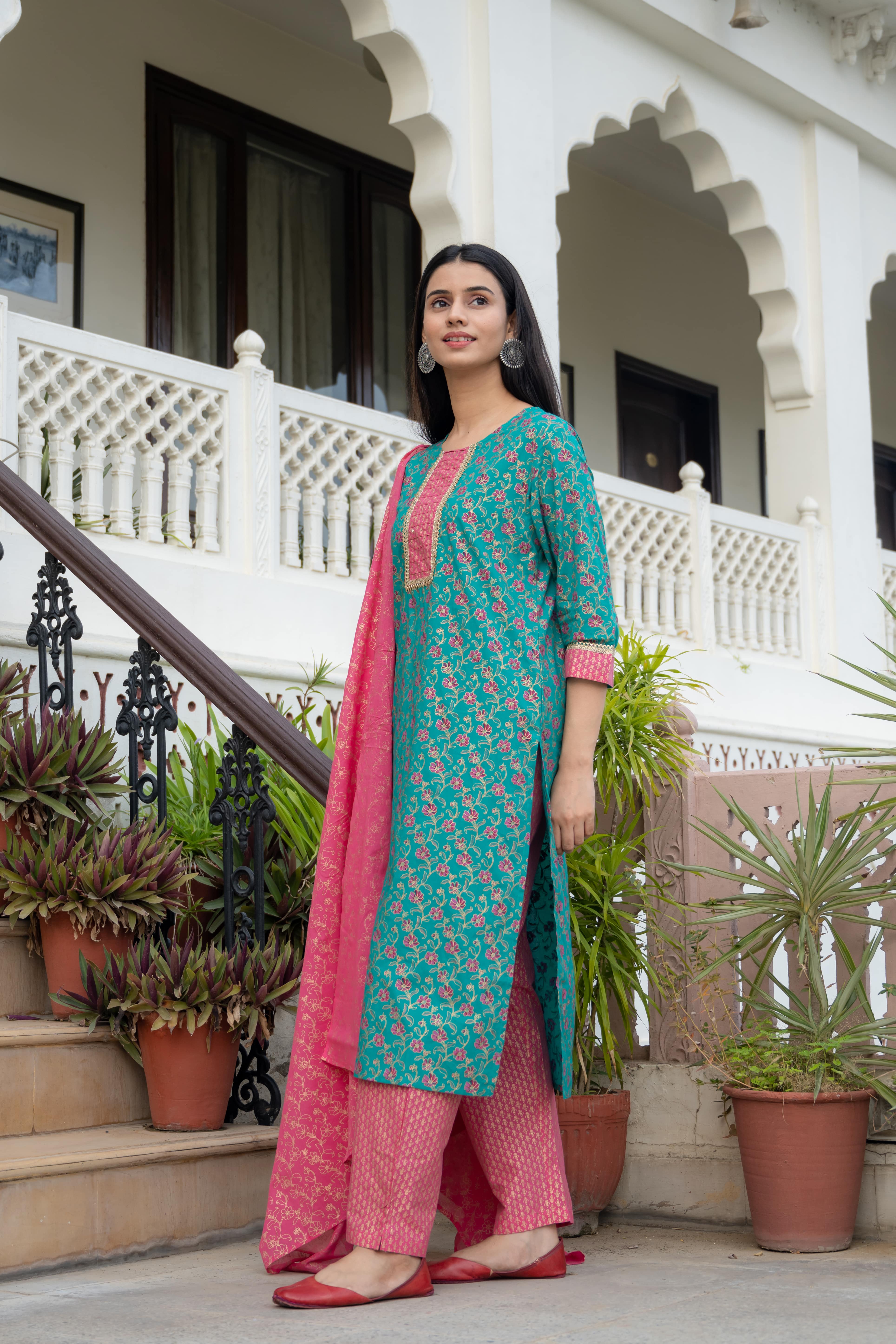 Teal & Pink Floral Printed Cotton Kurta Set with Dupatta
