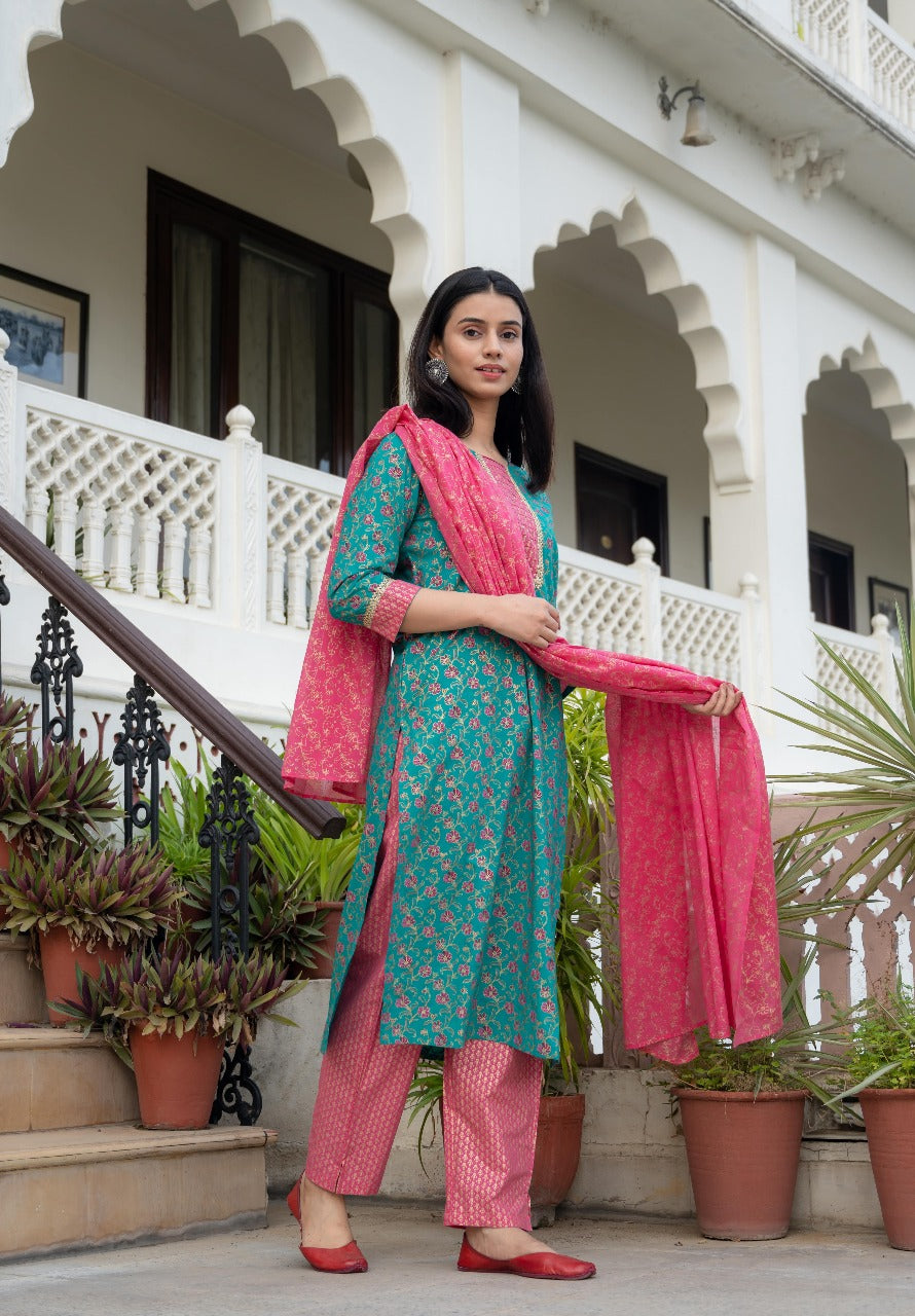 Teal & Pink Floral Printed Cotton Kurta Set with Dupatta