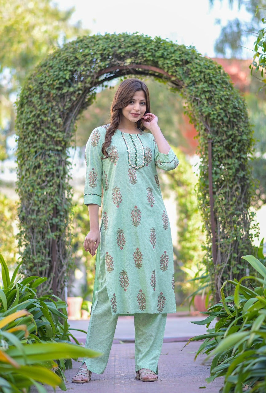 Mint Green Printed Kurta Set with Chiffon Dupatta