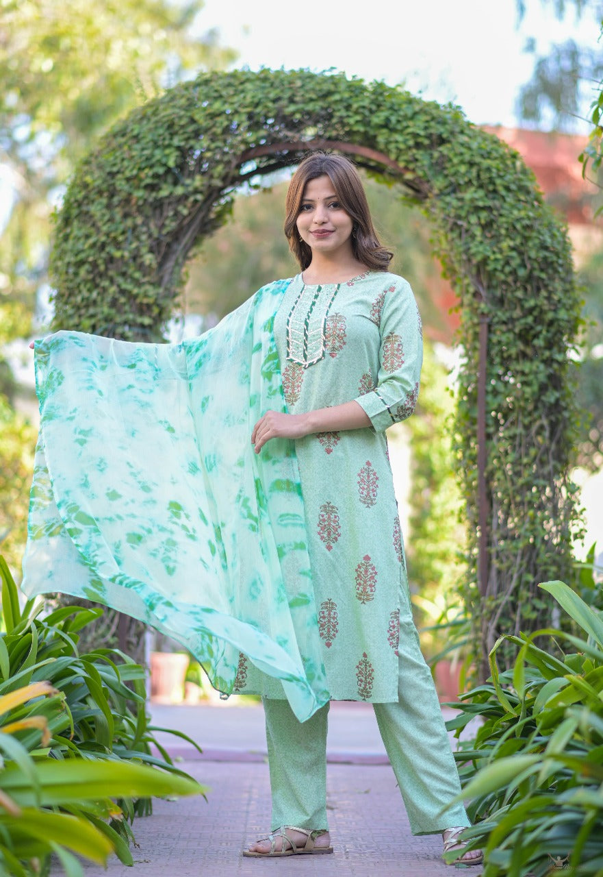 Mint Green Printed Kurta Set with Chiffon Dupatta