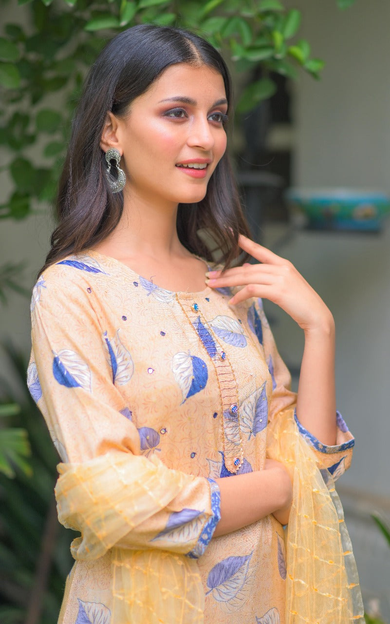 Yellow Leaf Print Kurta Set with Printed Pants & Sheer Dupatta