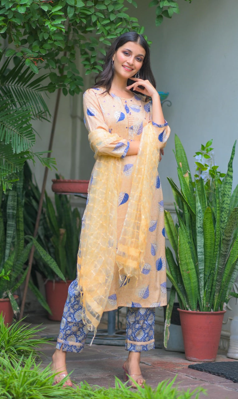 Yellow Leaf Print Kurta Set with Printed Pants & Sheer Dupatta