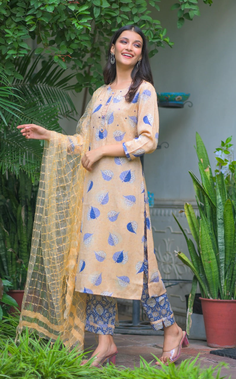 Yellow Leaf Print Kurta Set with Printed Pants & Sheer Dupatta