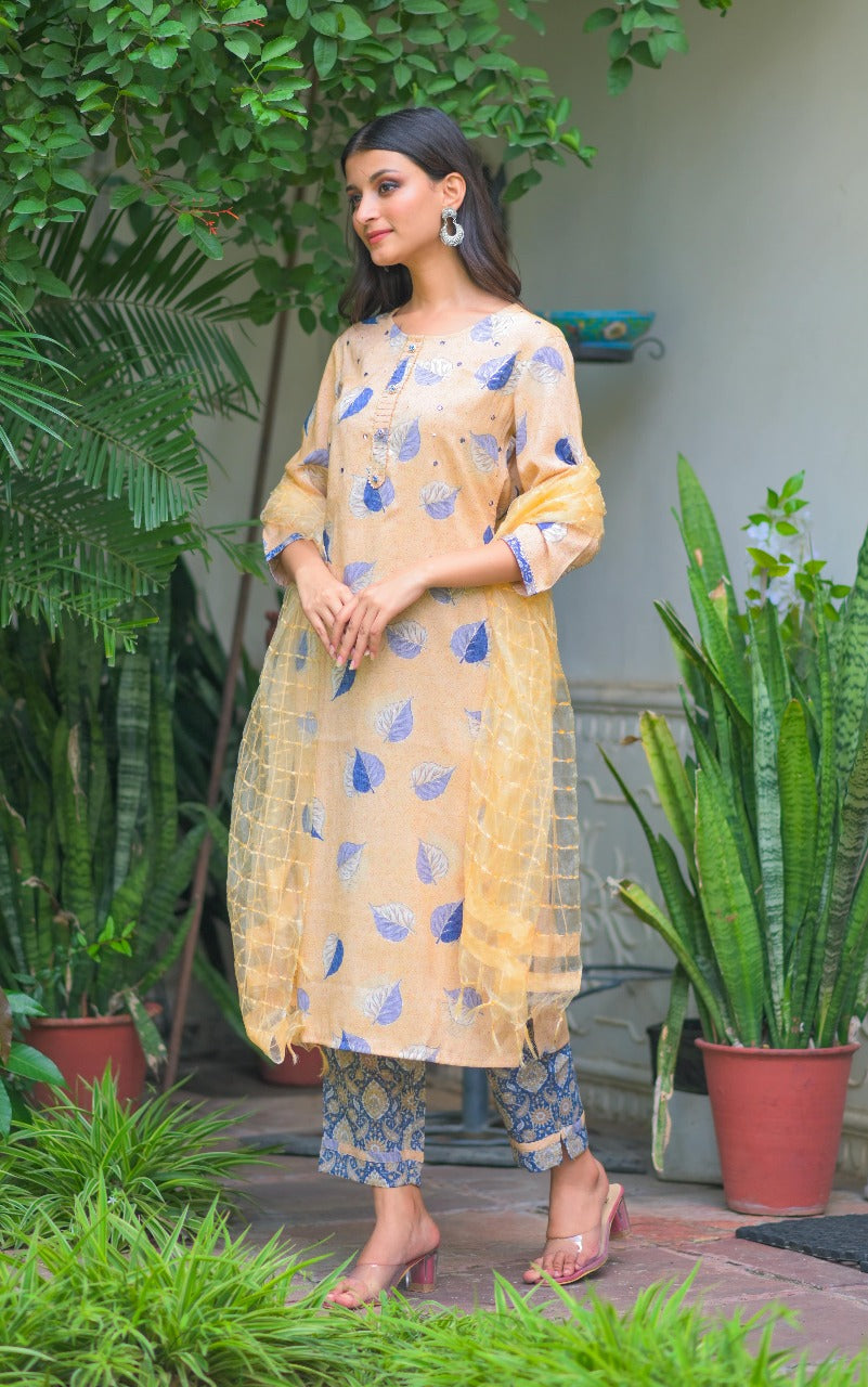 Yellow Leaf Print Kurta Set with Printed Pants & Sheer Dupatta