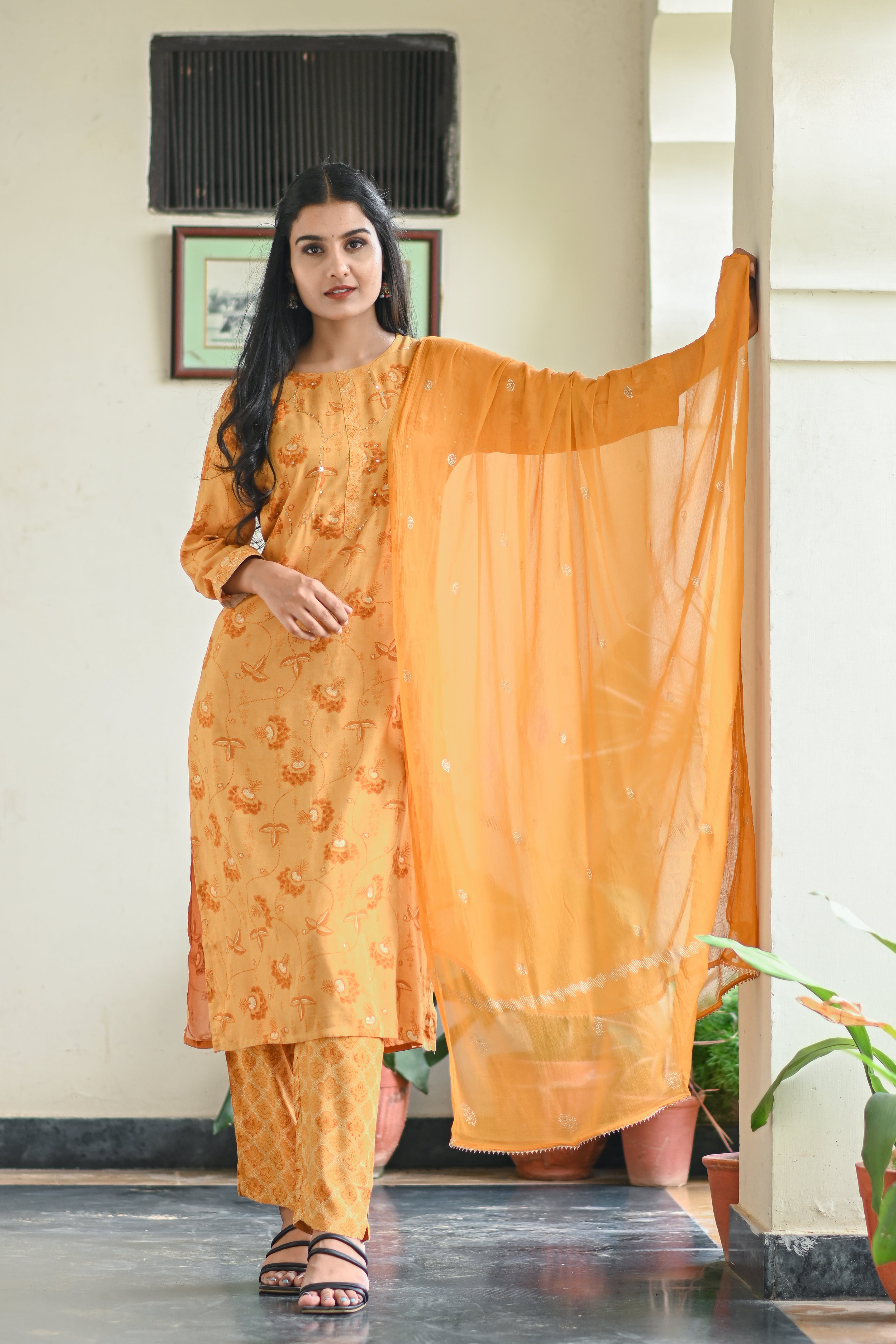 Mustard Yellow Printed Kurta Set with Dupatta