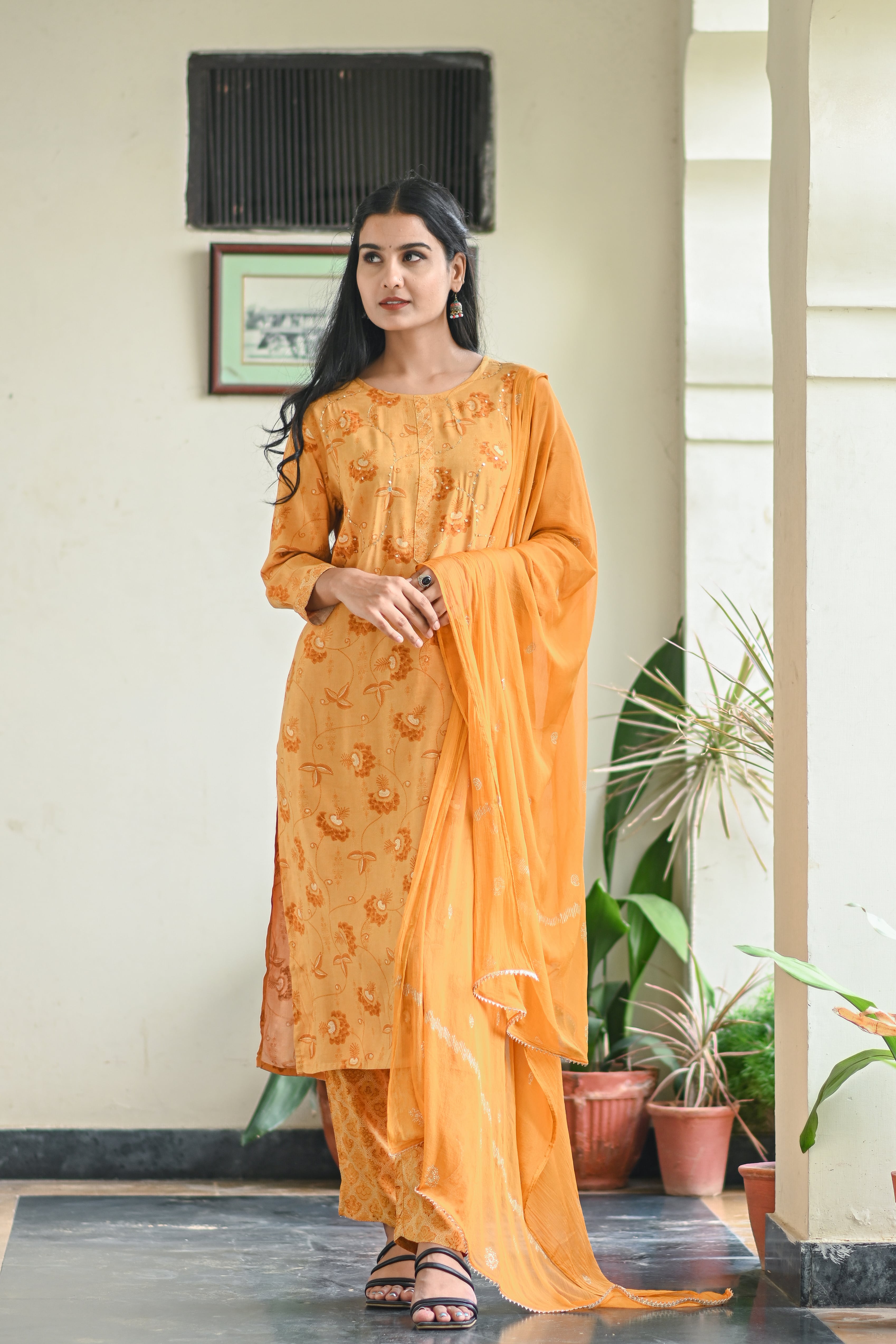 Mustard Yellow Printed Kurta Set with Dupatta