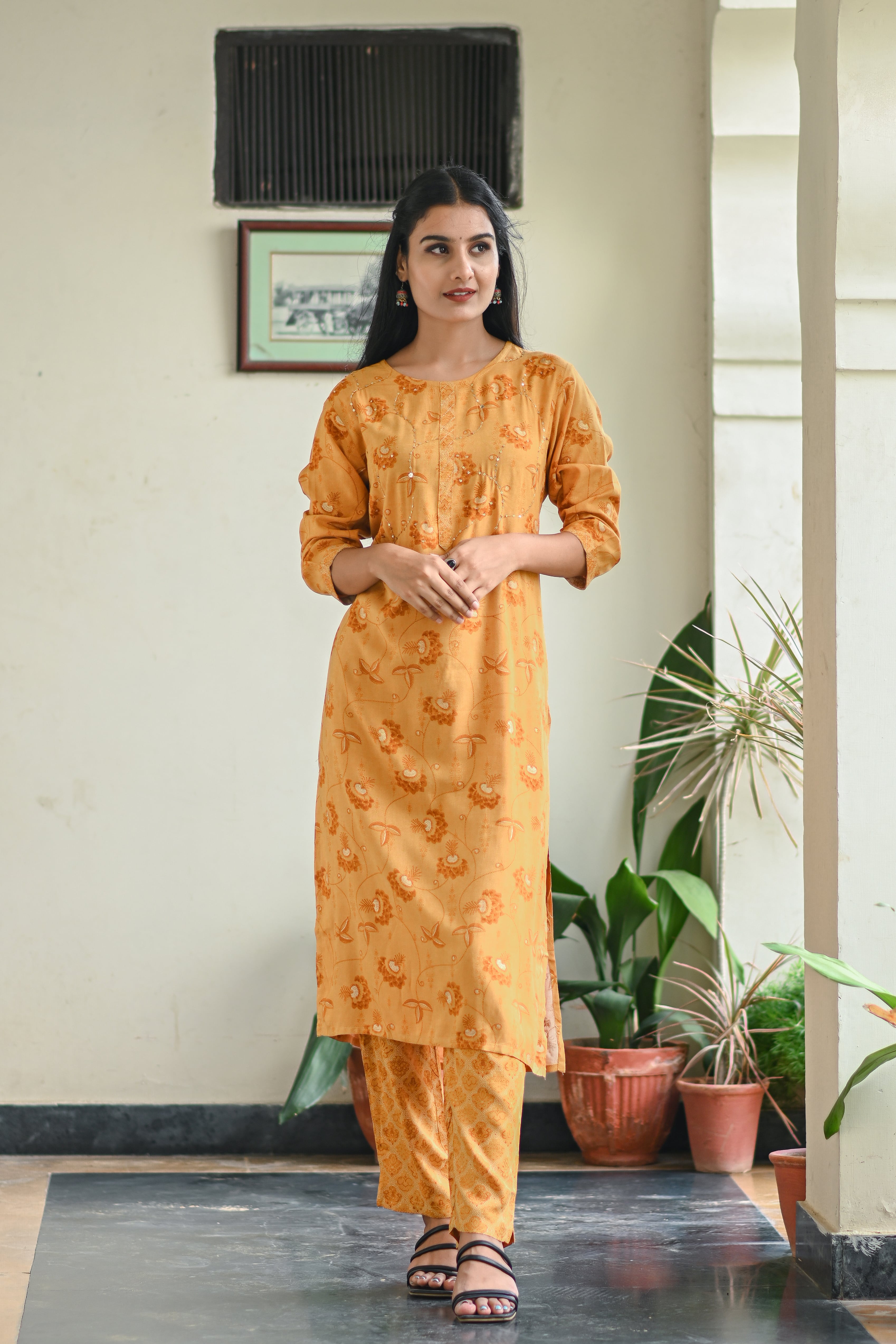 Mustard Yellow Printed Kurta Set with Dupatta