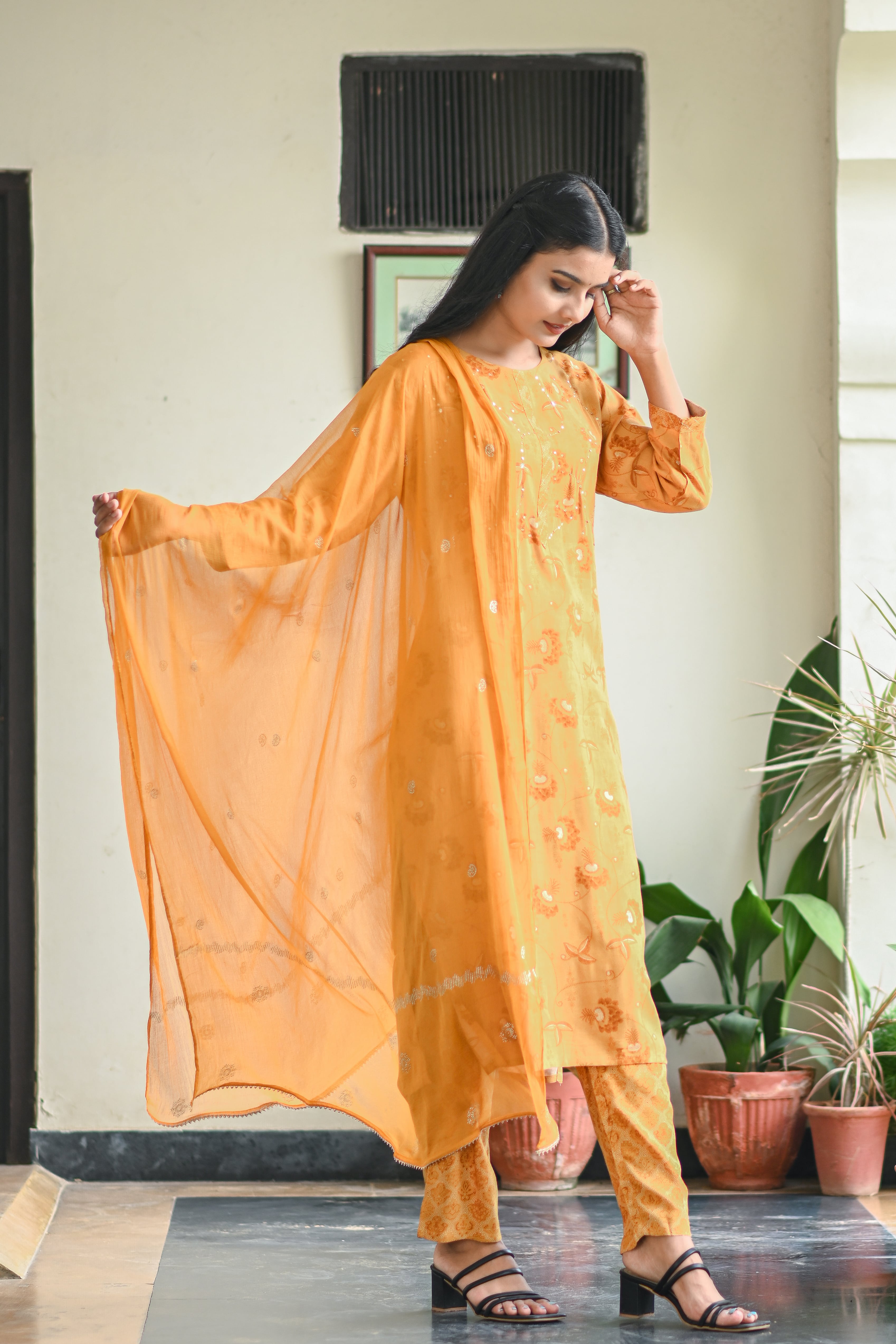 Mustard Yellow Printed Kurta Set with Dupatta
