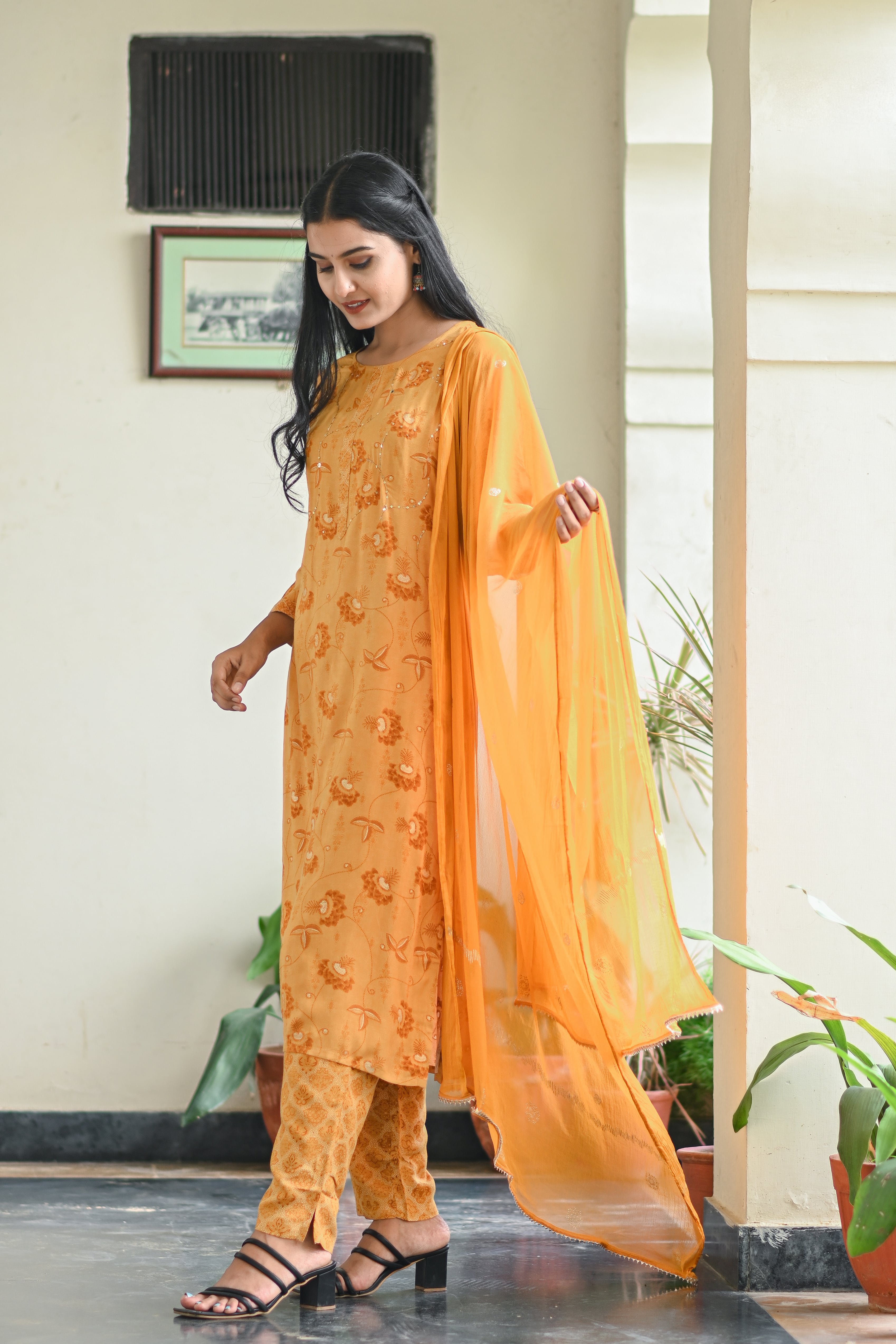 Mustard Yellow Printed Kurta Set with Dupatta