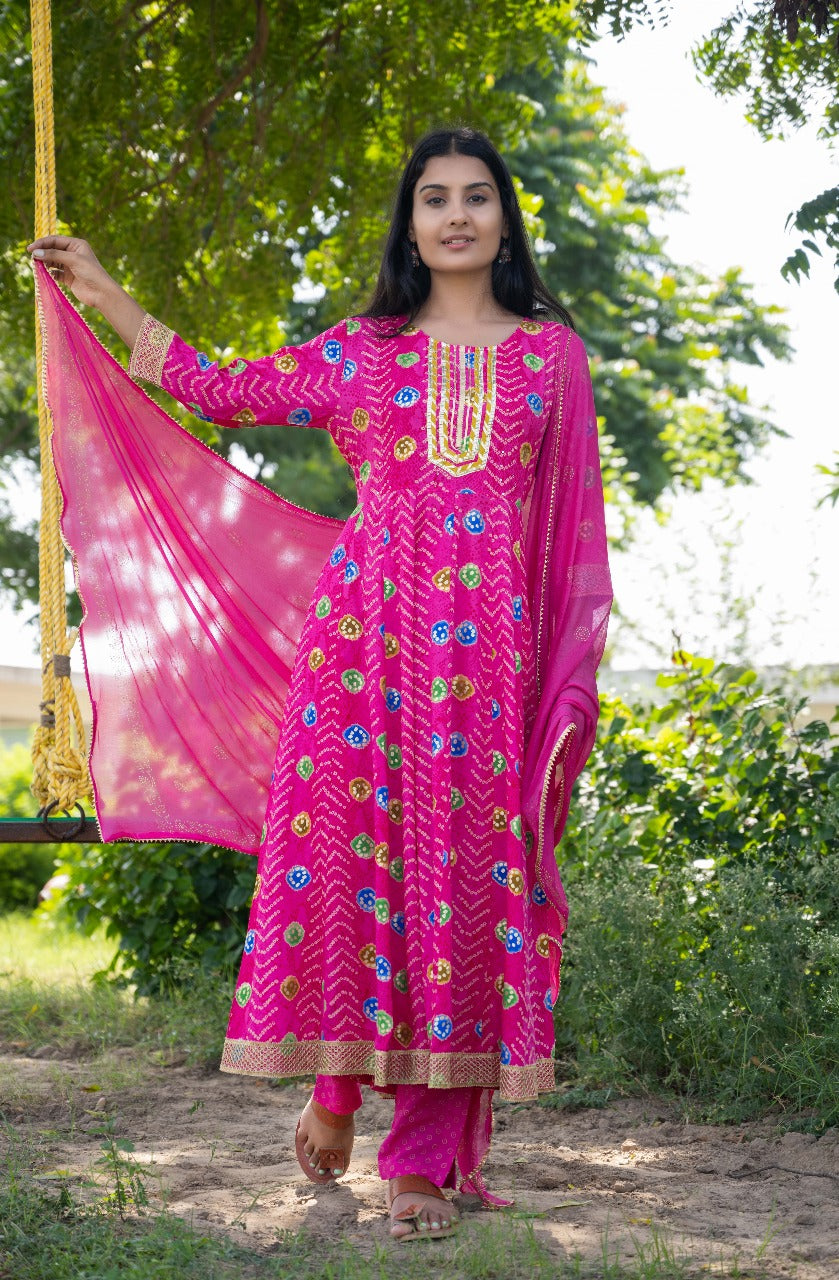 Rani Pink Bandhani Anarkali Suit