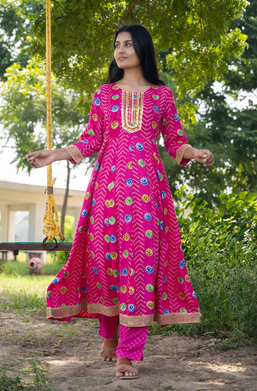 Rani Pink Bandhani Anarkali Suit
