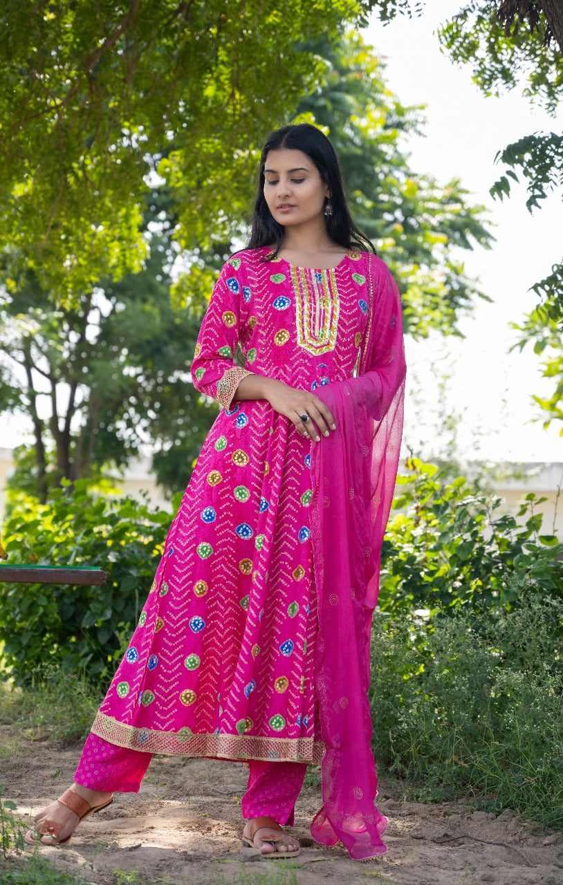 Rani Pink Bandhani Anarkali Suit
