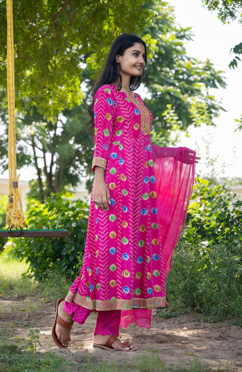 Rani Pink Bandhani Anarkali Suit