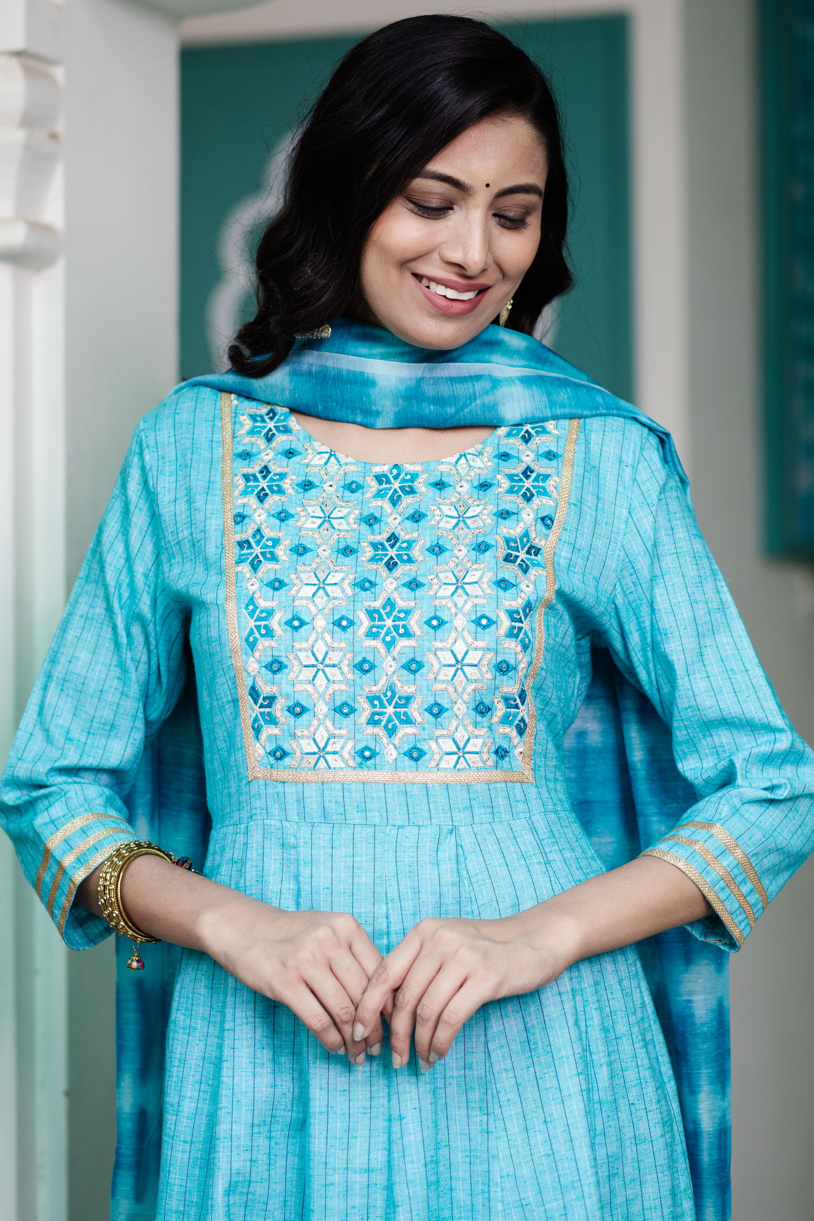 Elegant Turquoise Blue Embroidered Anarkali with Dupatta
