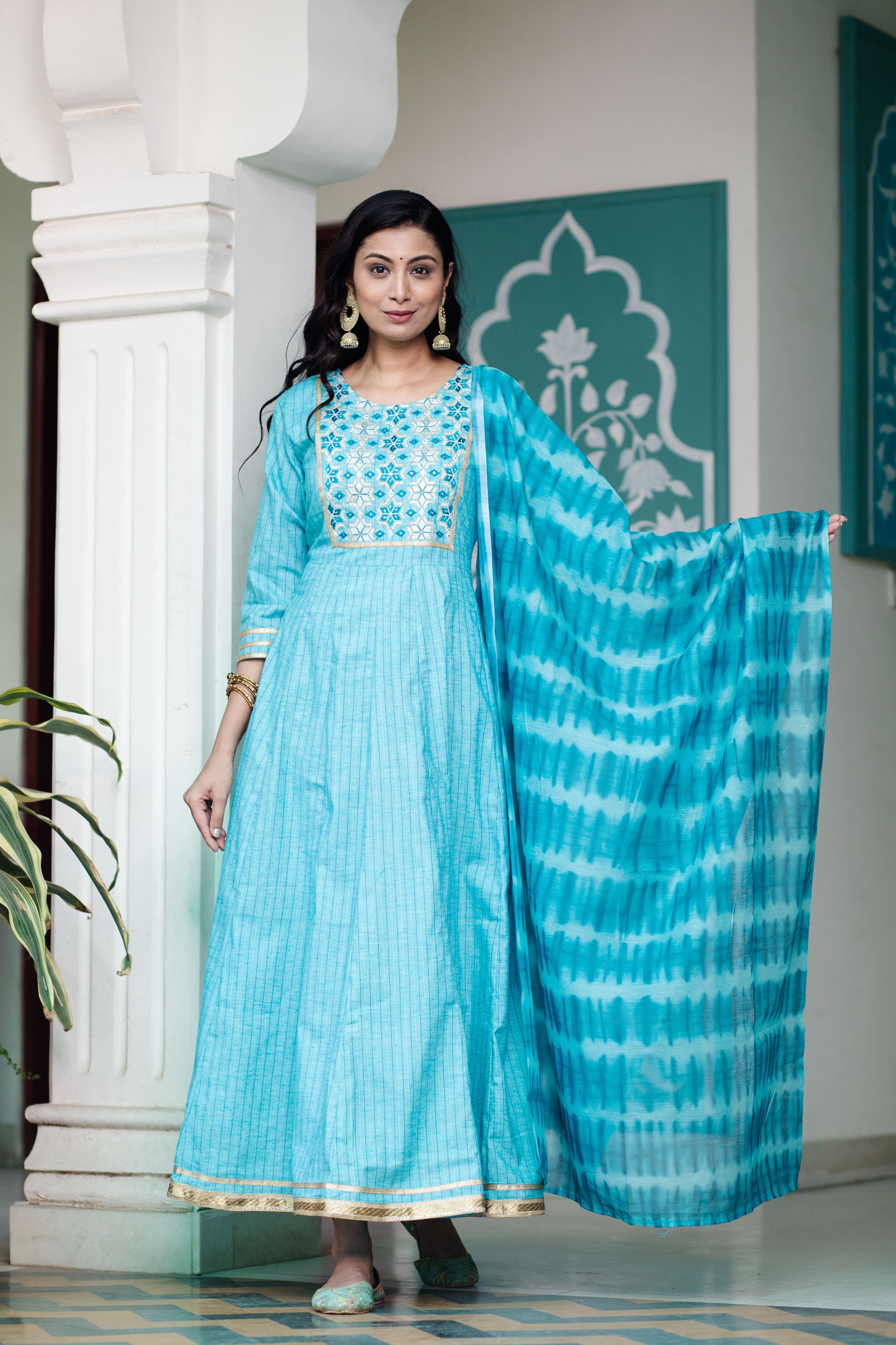 Elegant Turquoise Blue Embroidered Anarkali with Dupatta