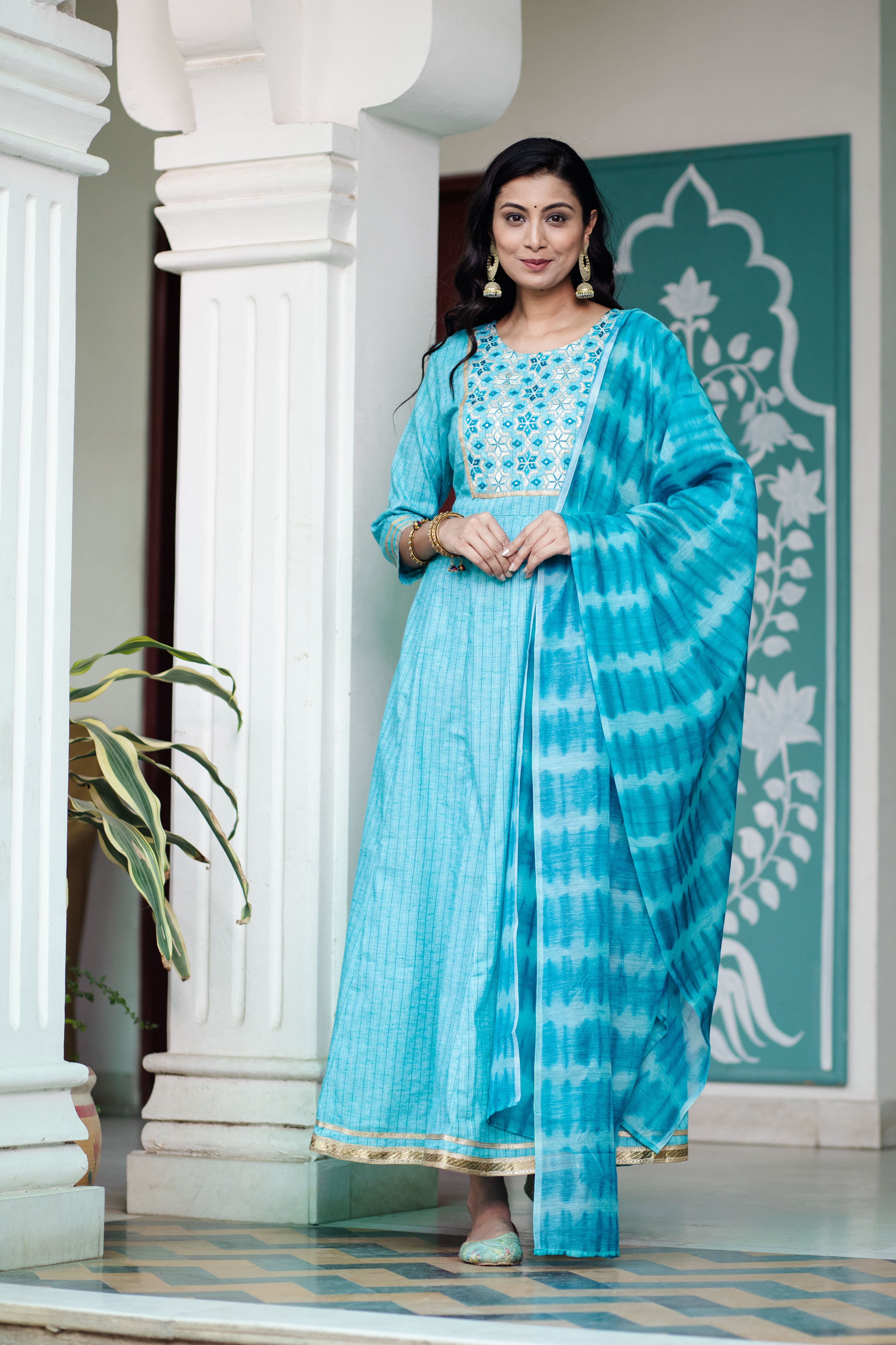 Elegant Turquoise Blue Embroidered Anarkali with Dupatta