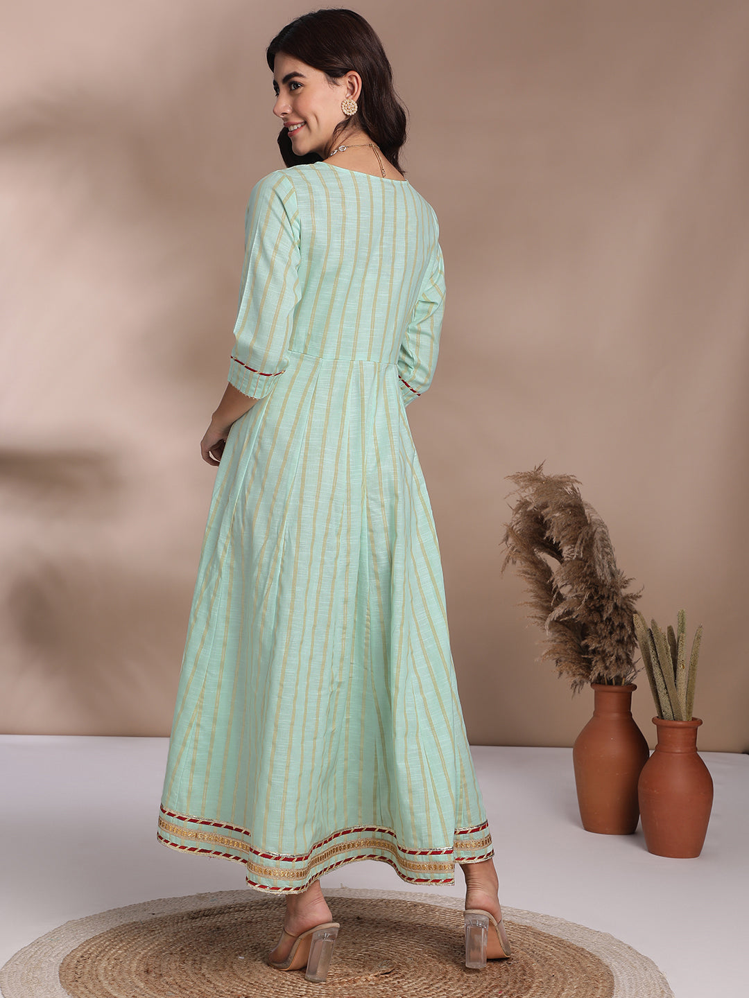 Mint Green Embroidered Anarkali Kurti with Golden Stripes & Lace Detailing