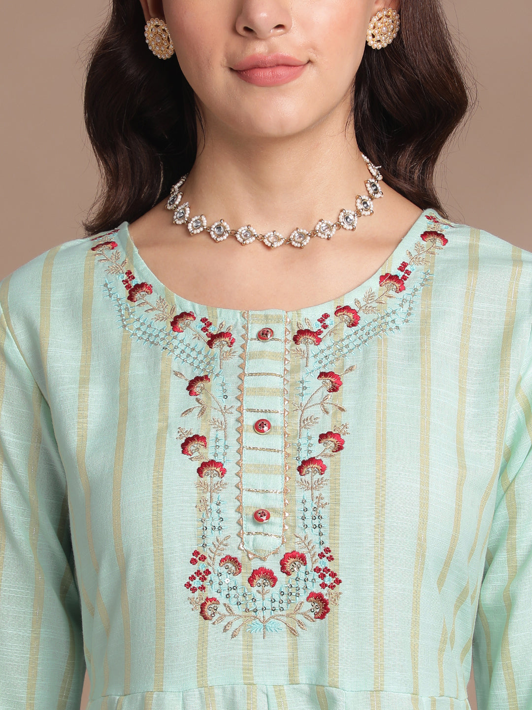Mint Green Embroidered Anarkali Kurti with Golden Stripes & Lace Detailing