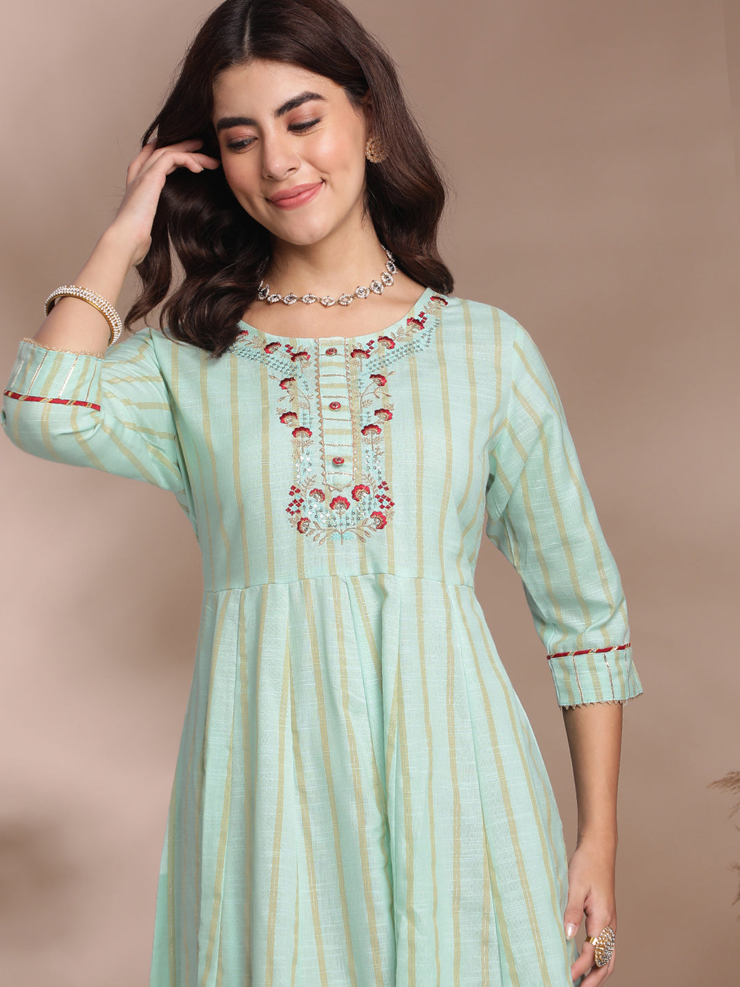 Mint Green Embroidered Anarkali Kurti with Golden Stripes & Lace Detailing