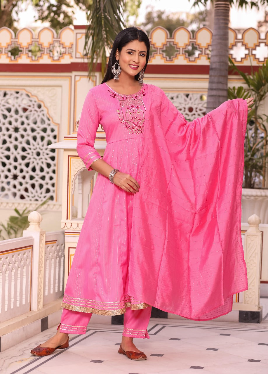 Festive Pink Embroidered Anarkali Set