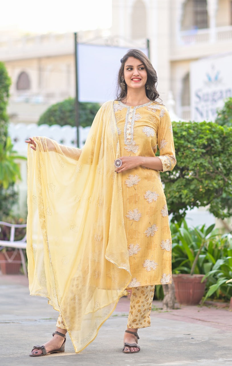 Elegant Yellow Embroidered Suit Set with Dupatta
