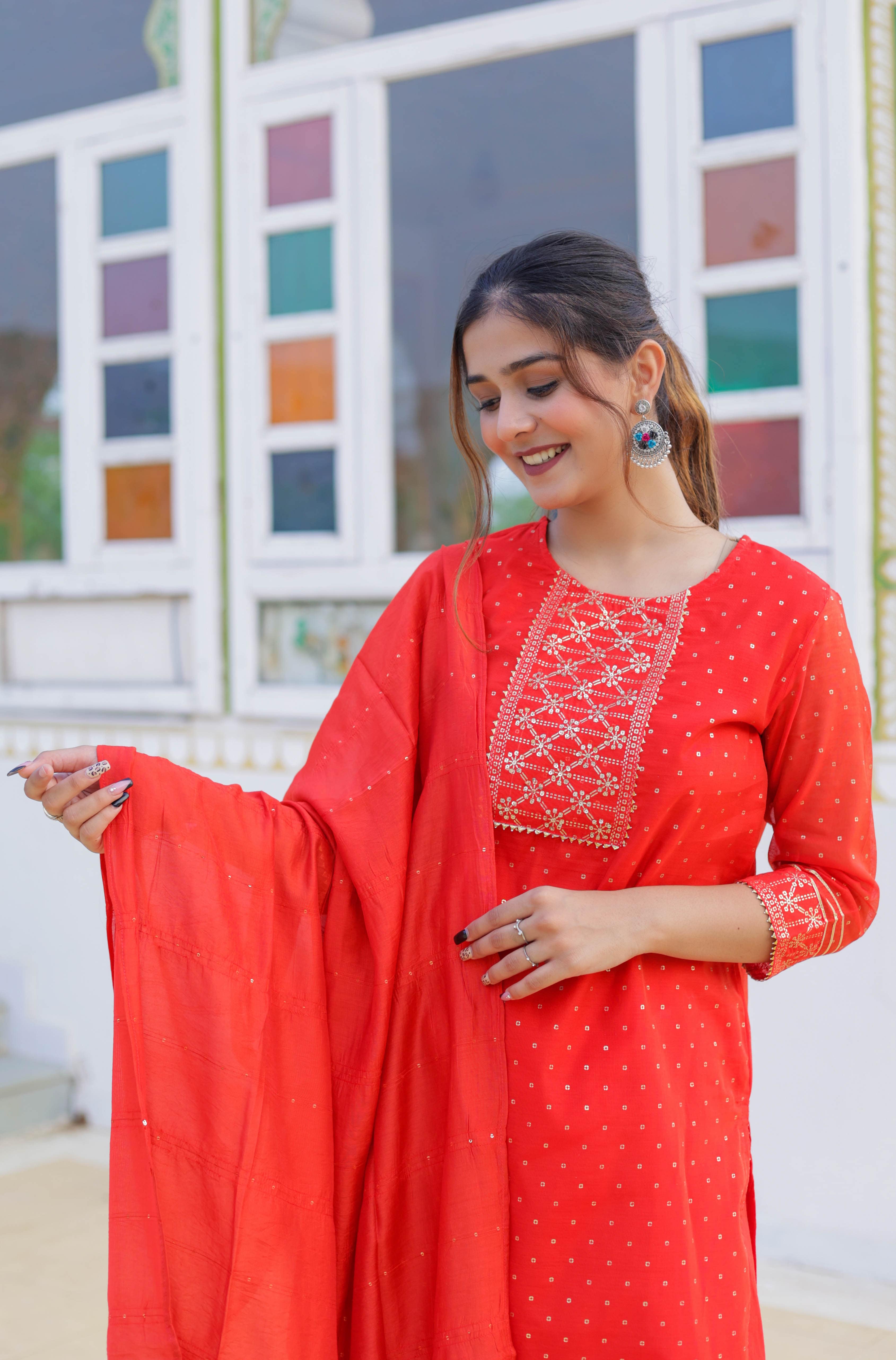 Radiant Red Festive Wear Kurta Sharara Dupatta Set