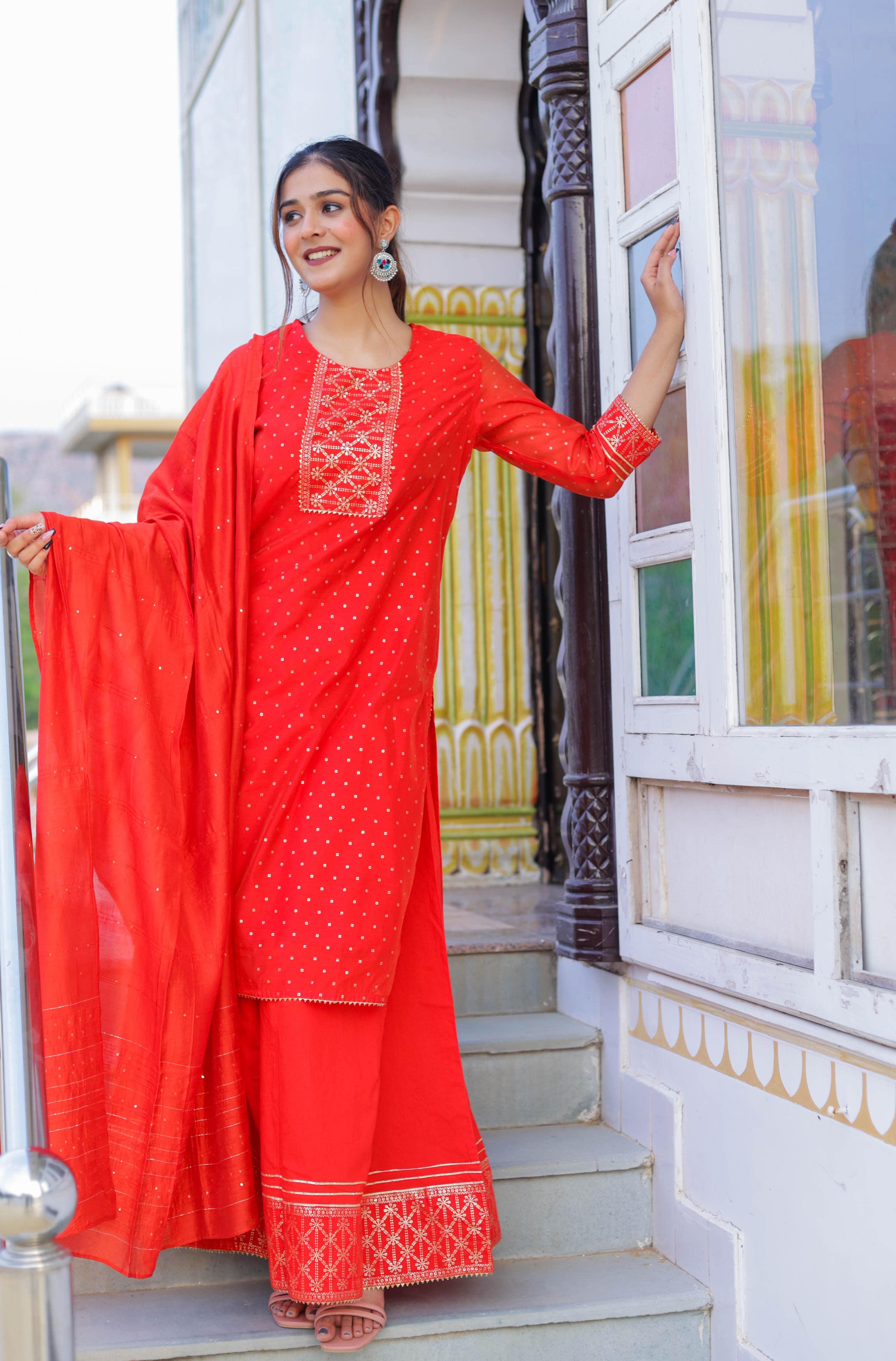 Radiant Red Festive Wear Kurta Sharara Dupatta Set