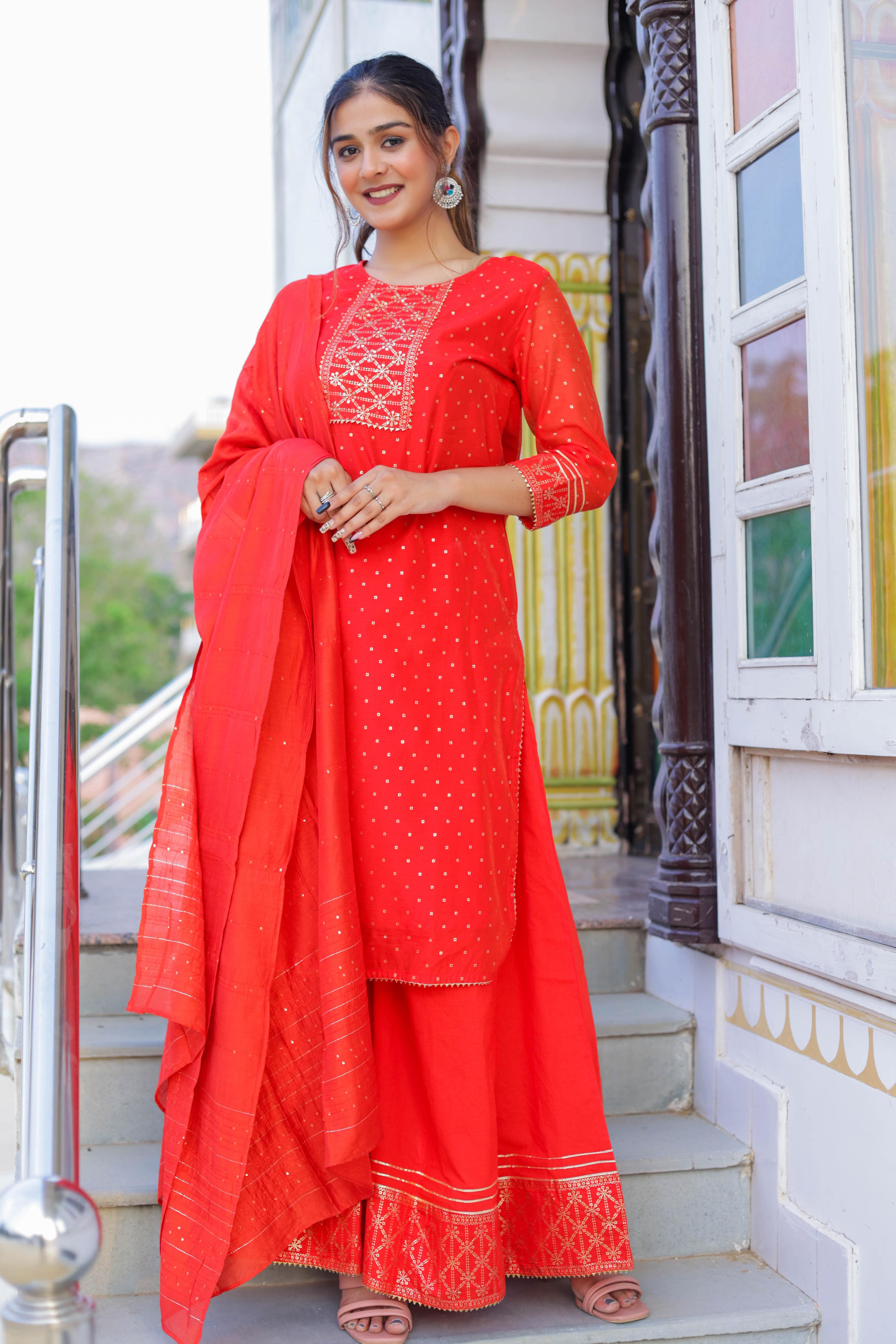Radiant Red Festive Wear Kurta Sharara Dupatta Set