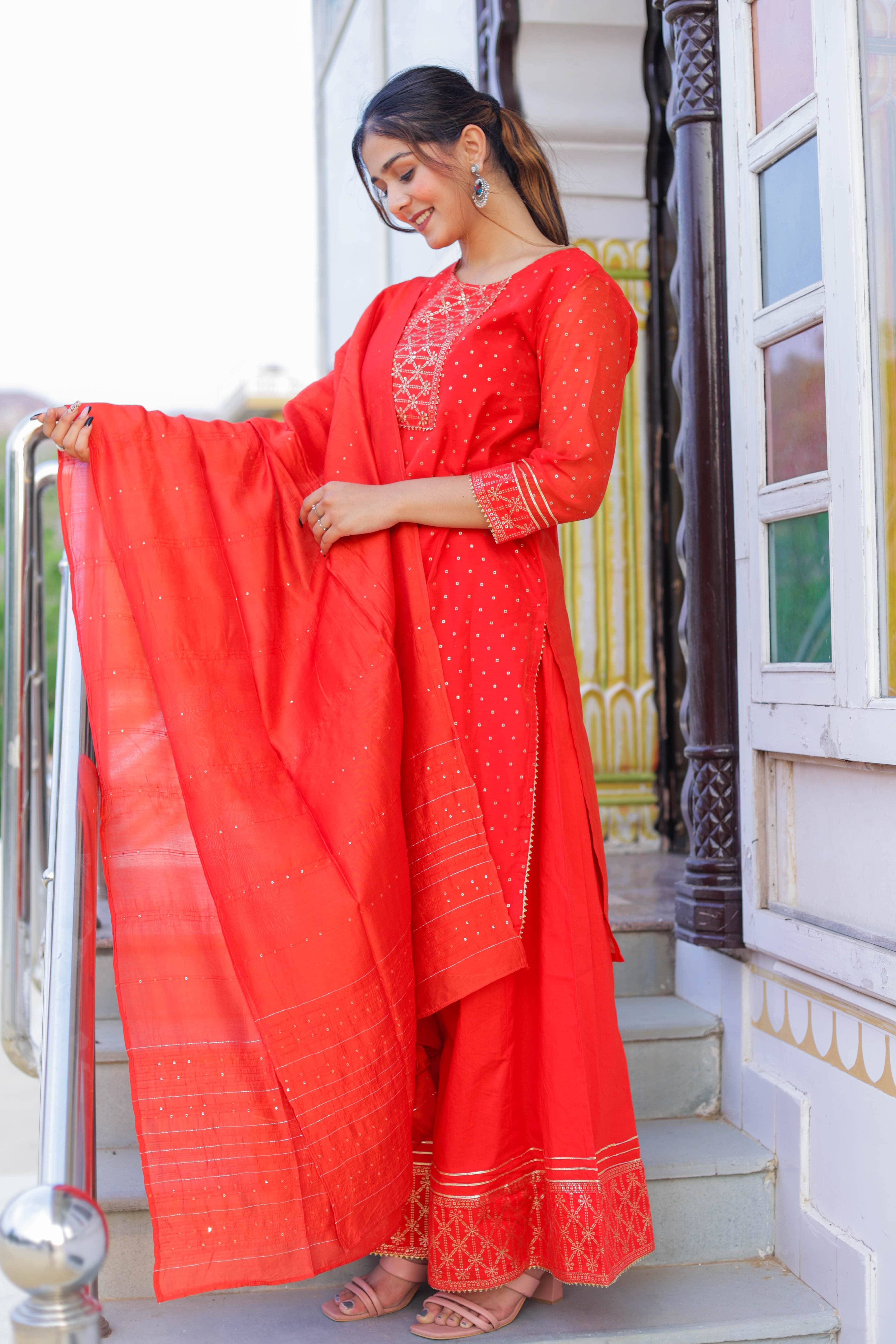 Radiant Red Festive Wear Kurta Sharara Dupatta Set