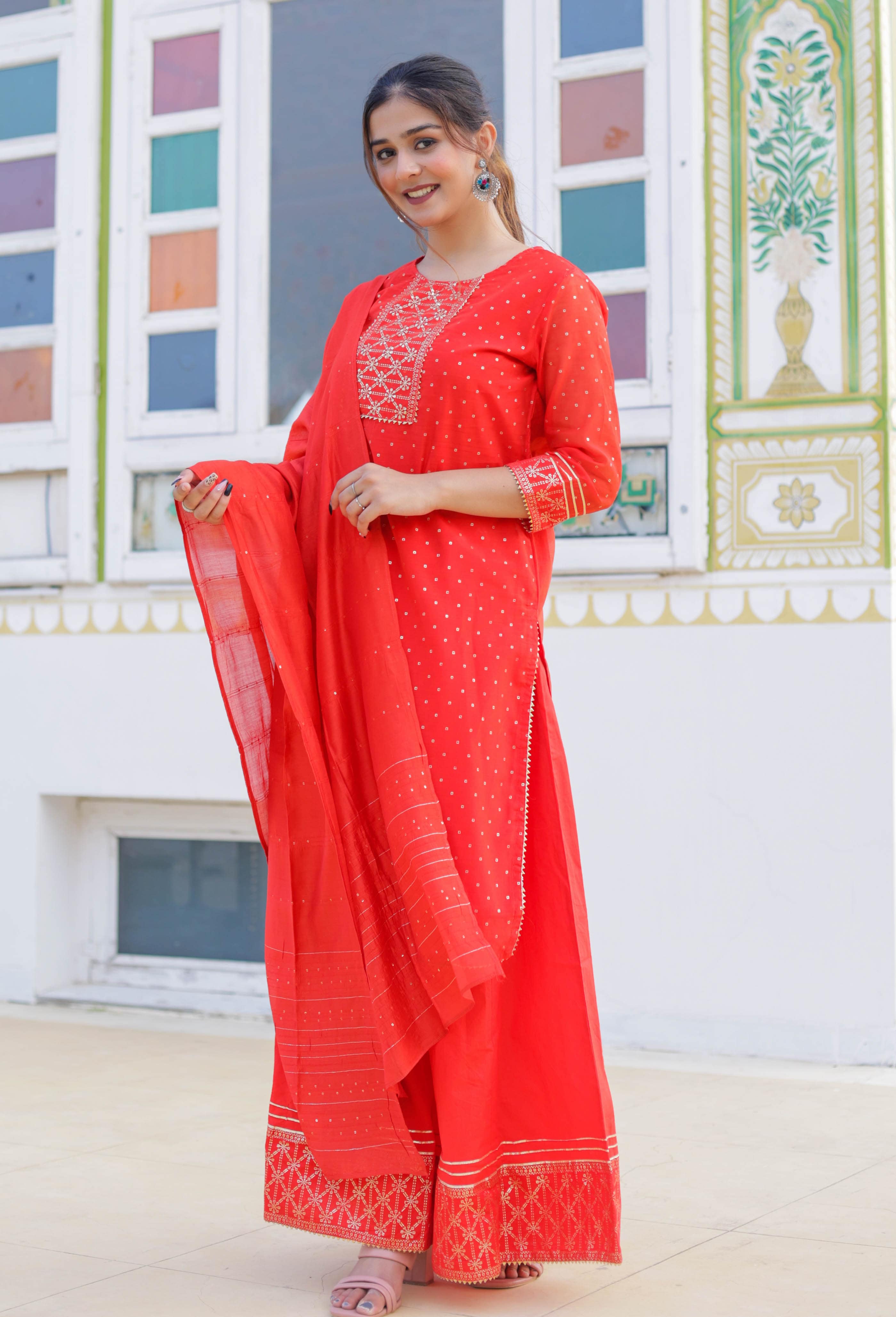 Radiant Red Festive Wear Kurta Sharara Dupatta Set