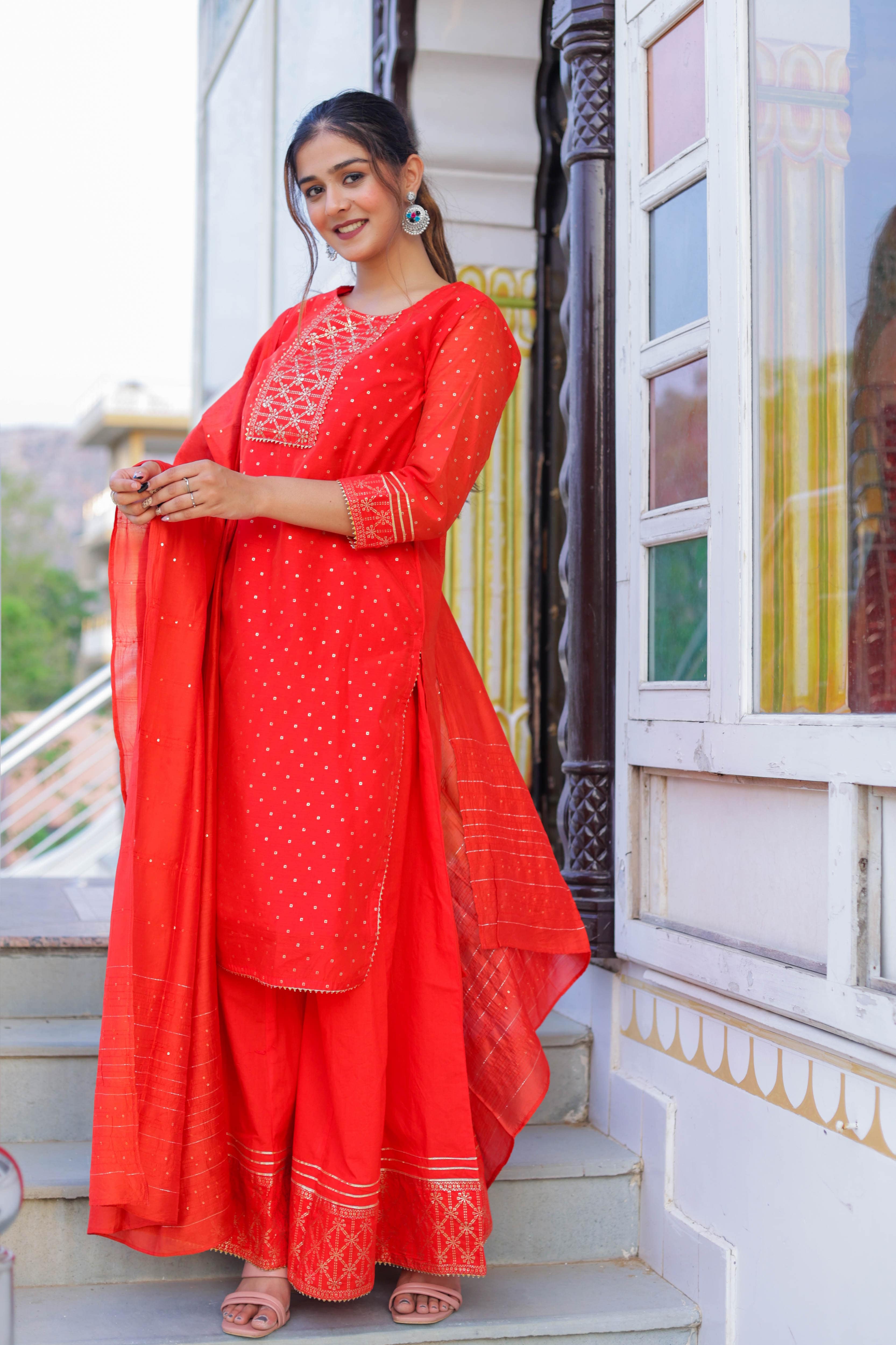 Radiant Red Festive Wear Kurta Sharara Dupatta Set