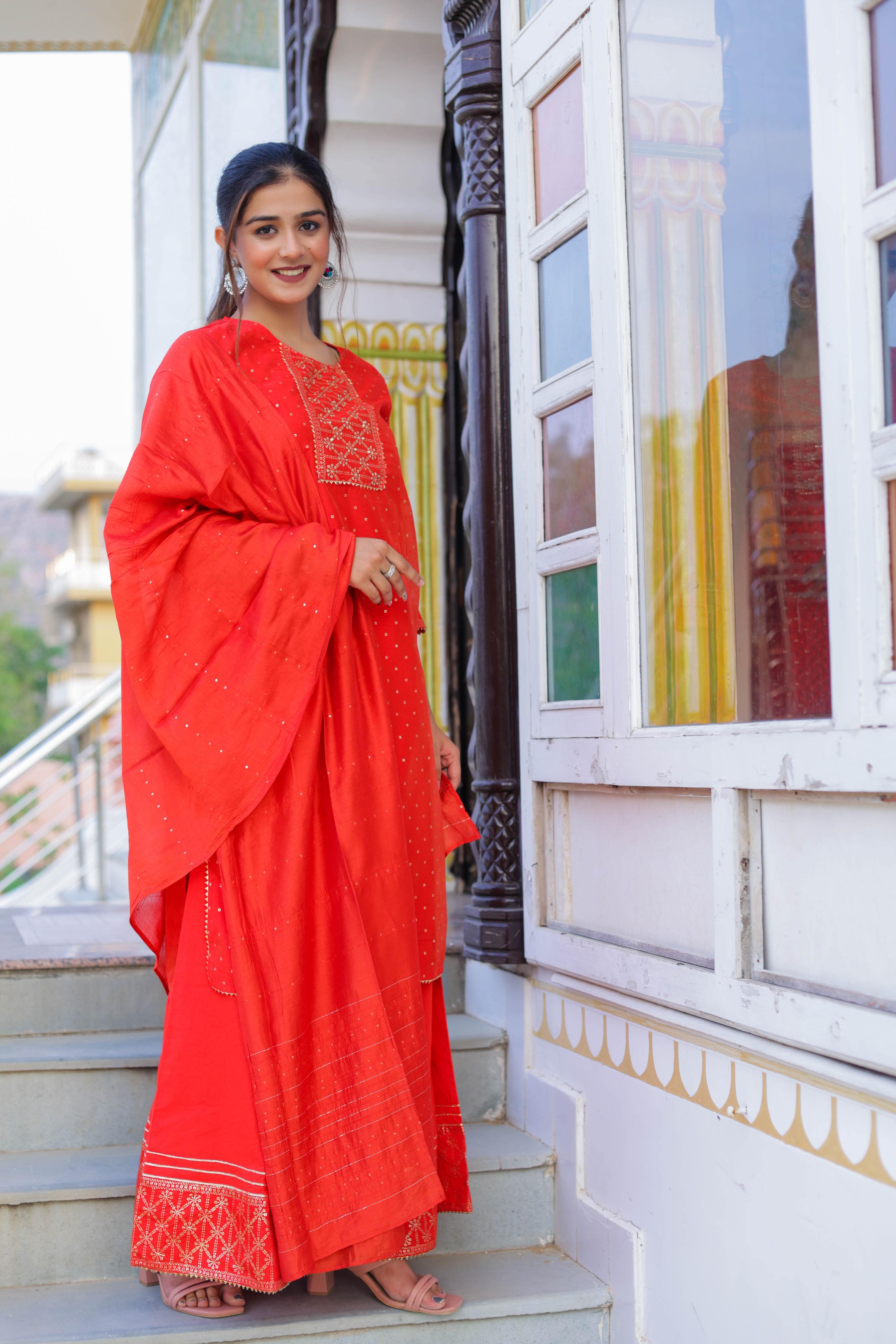 Radiant Red Festive Wear Kurta Sharara Dupatta Set