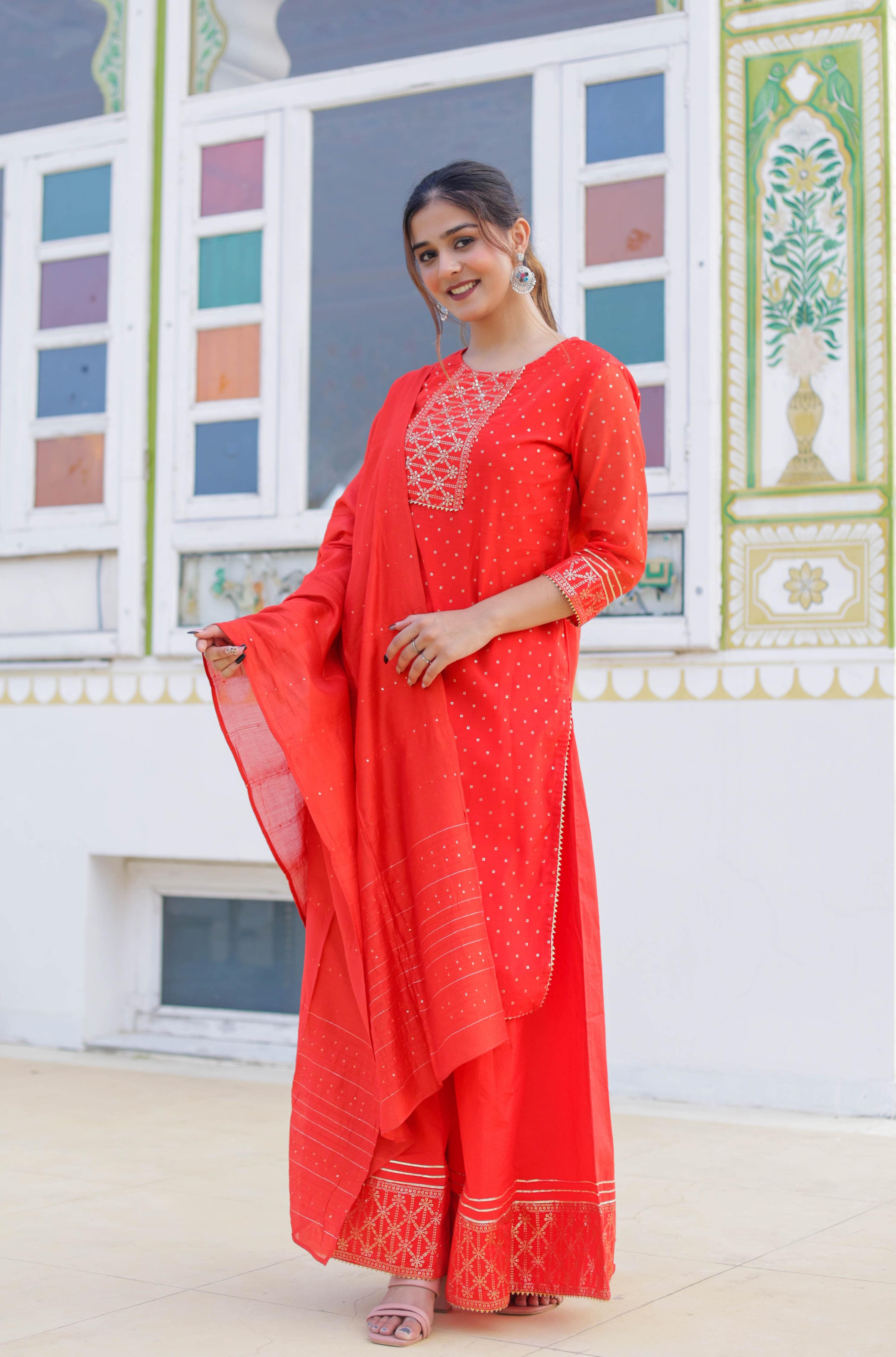 Radiant Red Festive Wear Kurta Sharara Dupatta Set