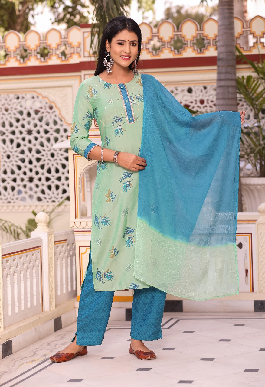 Refreshing Green Printed Suit Set with Ombre Dupatta