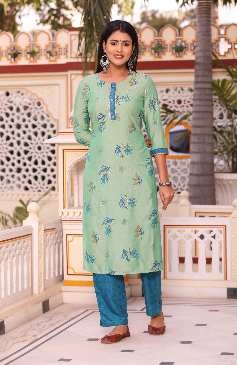 Refreshing Green Printed Suit Set with Ombre Dupatta