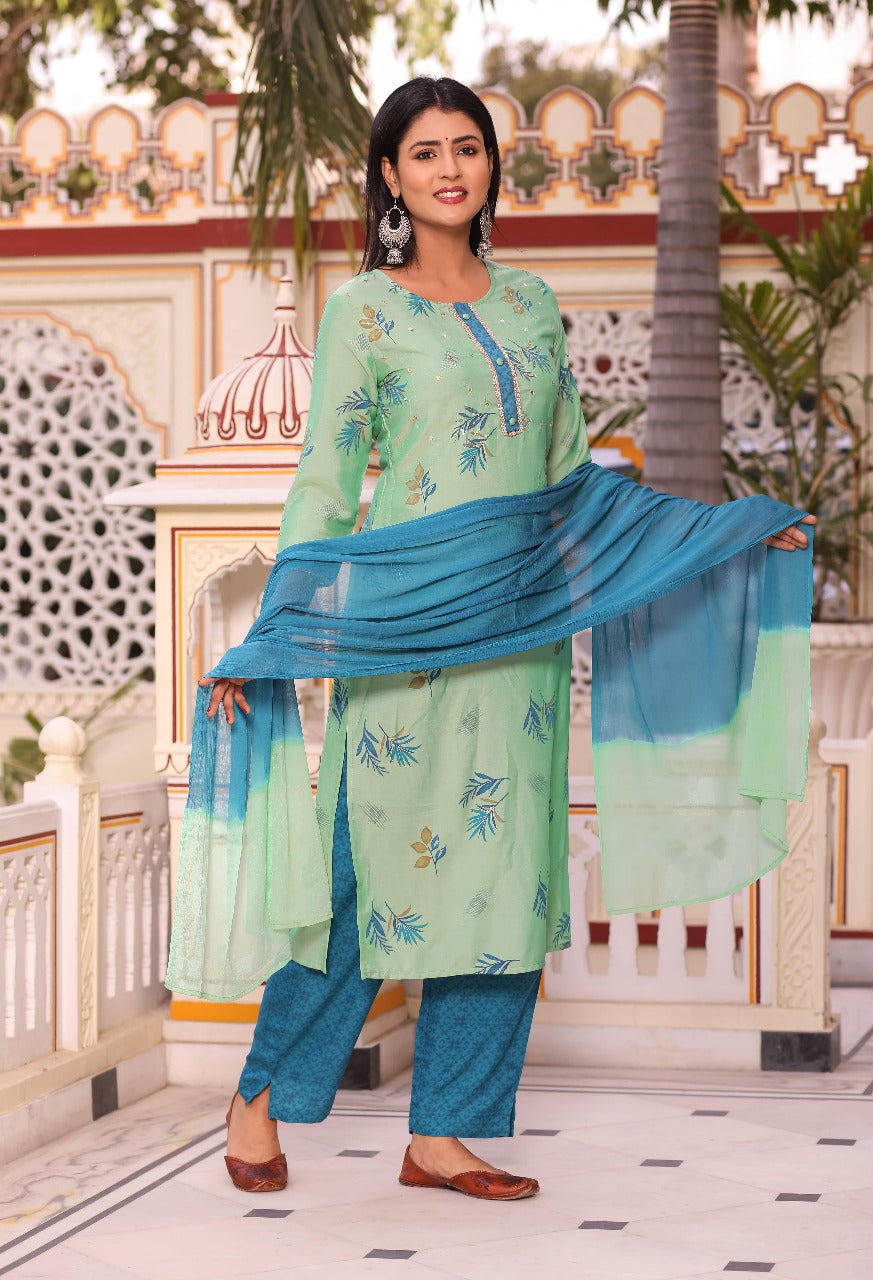 Refreshing Green Printed Suit Set with Ombre Dupatta