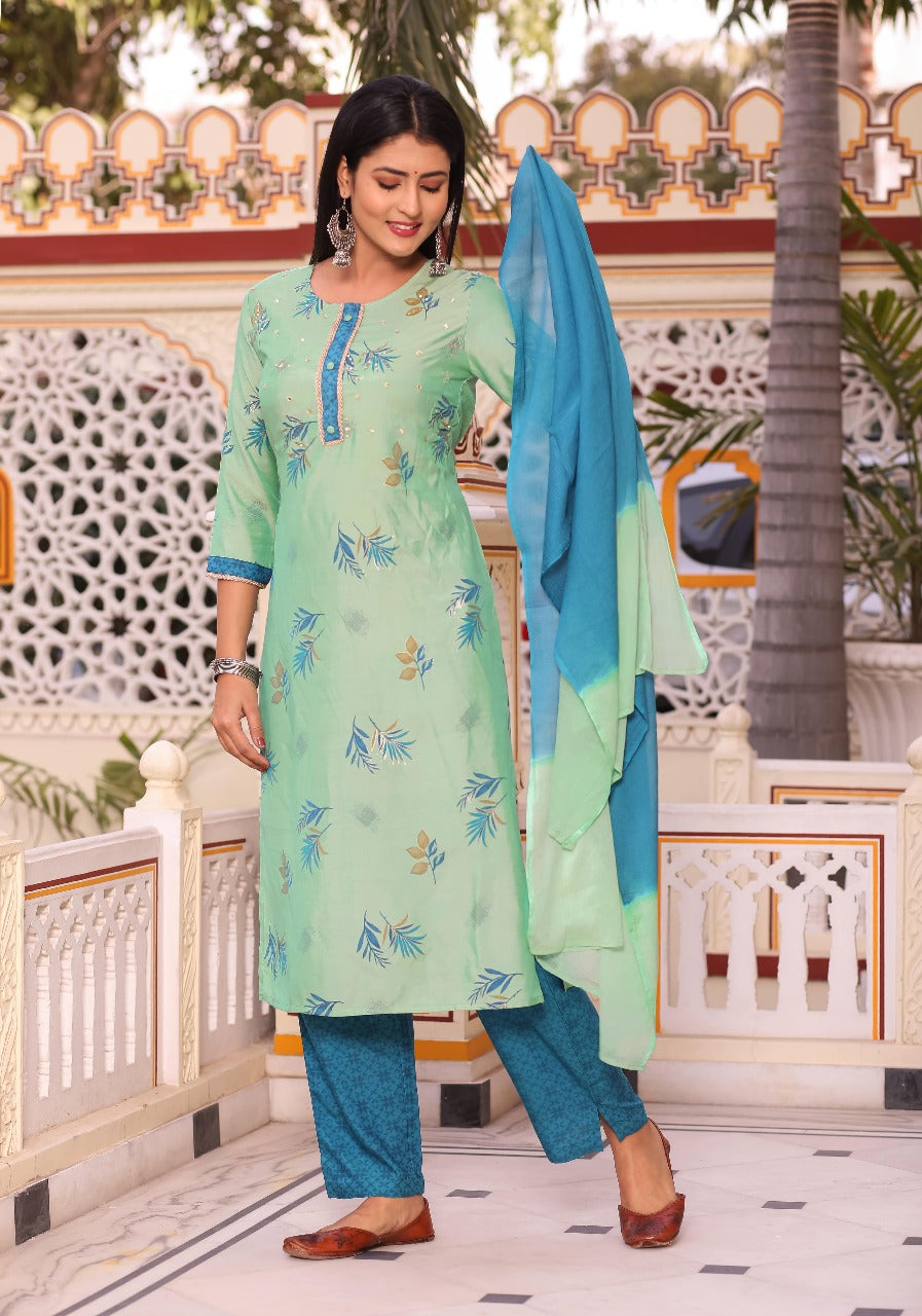 Refreshing Green Printed Suit Set with Ombre Dupatta