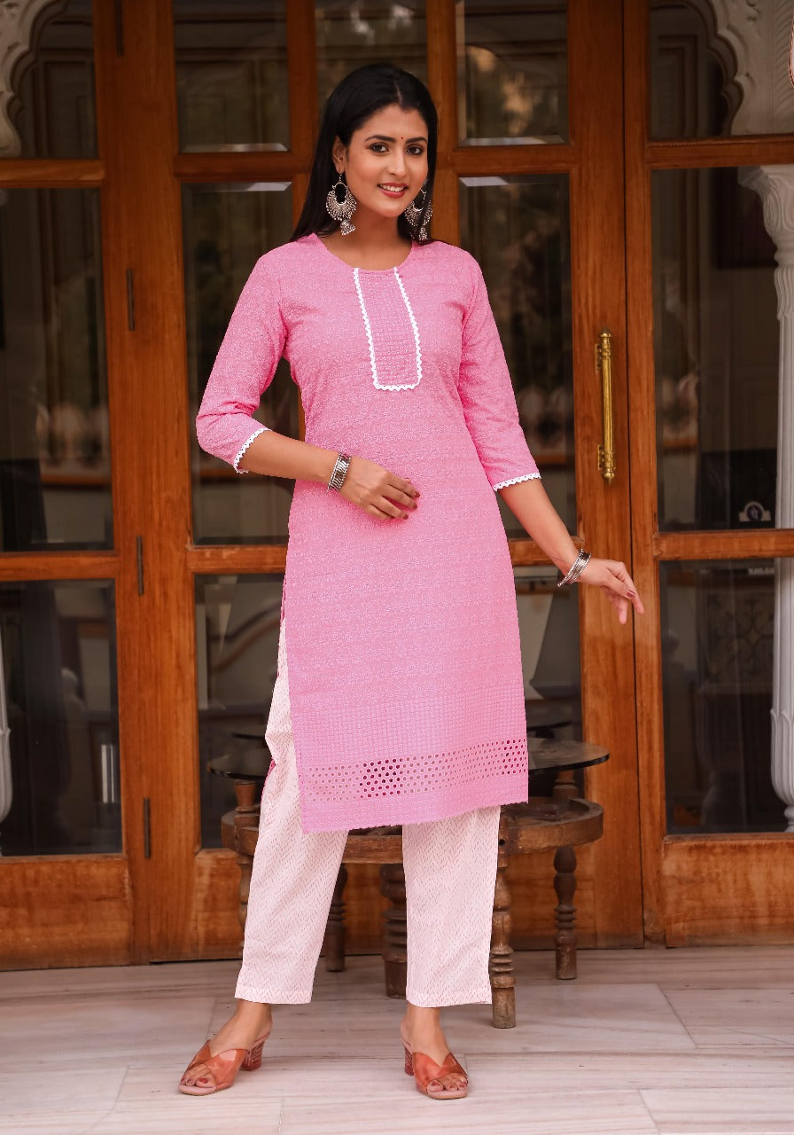 Soft Pink Embroidered Kurta Set with Contrast White Pants