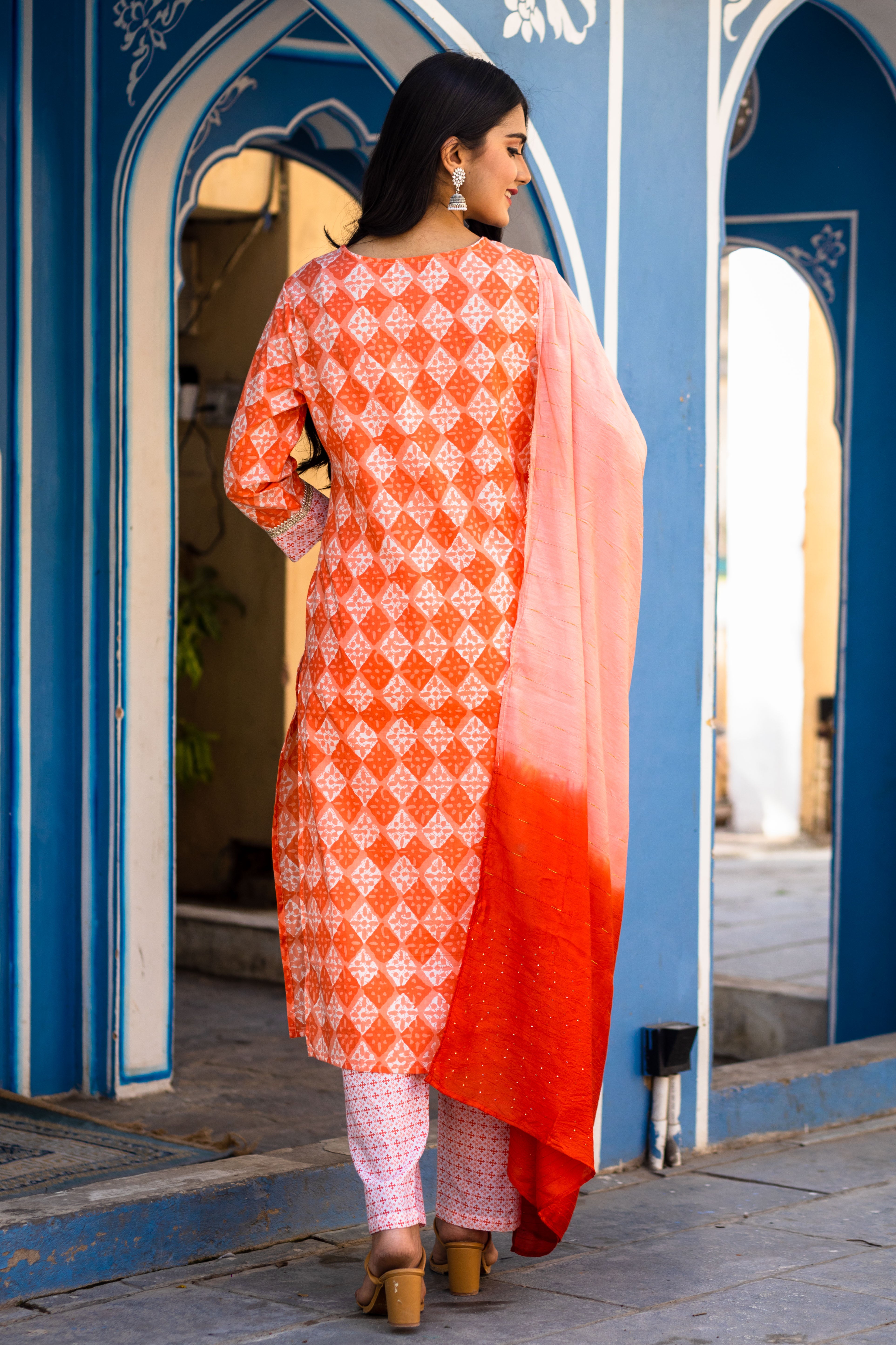 Elegant Orange Block Style Print Suit Set with Ombre Dupatta