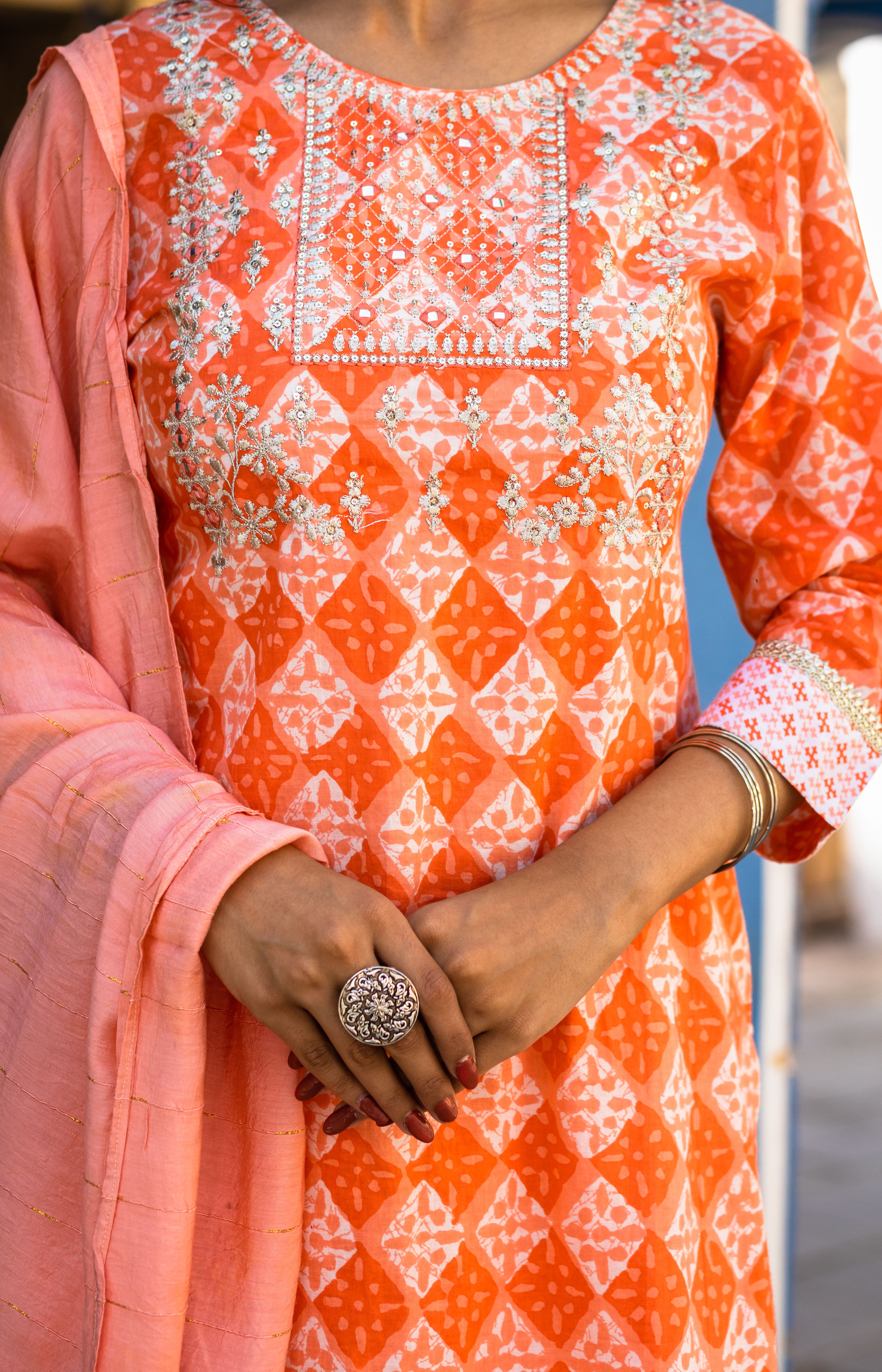 Elegant Orange Block Style Print Suit Set with Ombre Dupatta