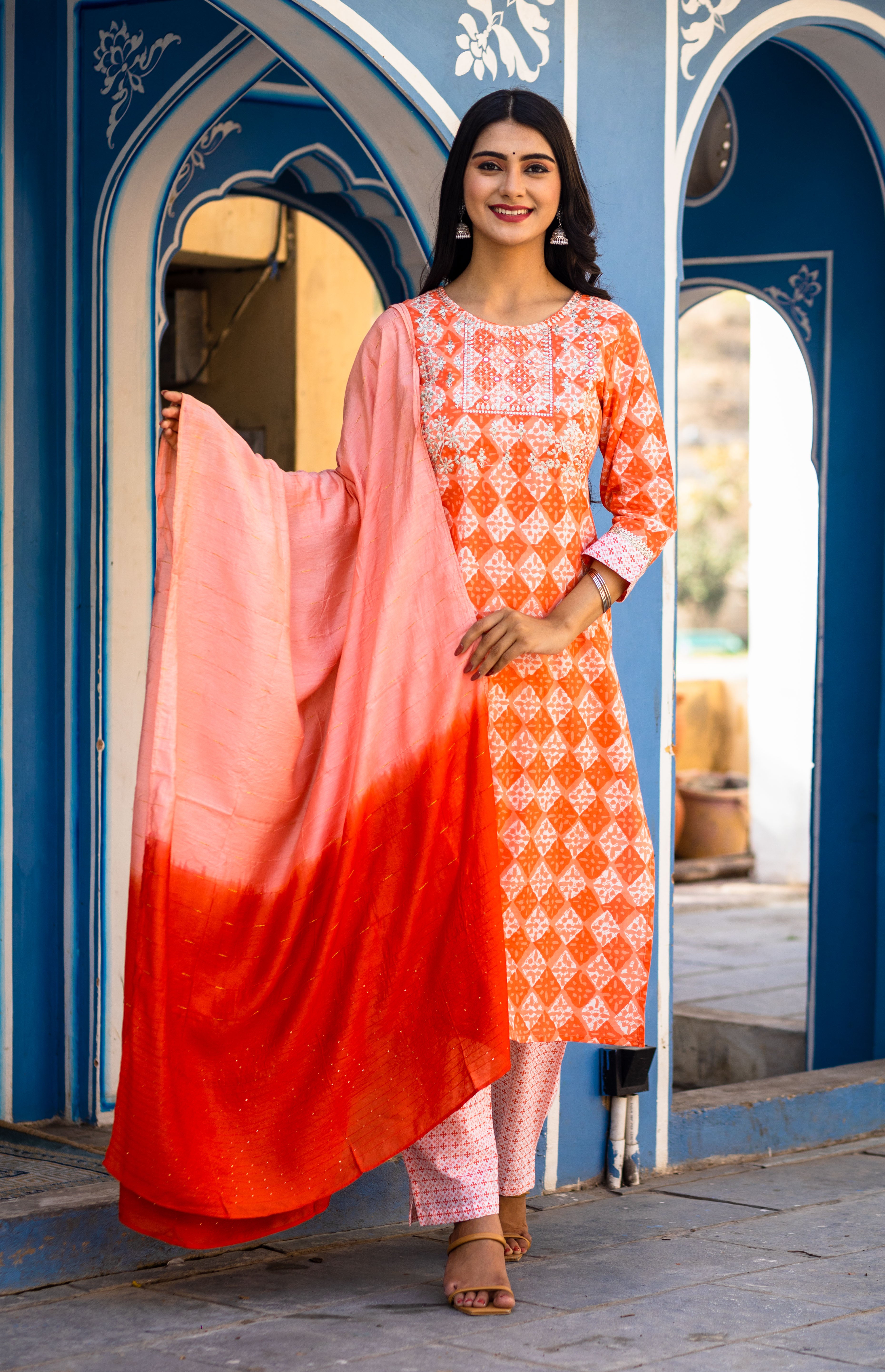 Elegant Orange Block Style Print Suit Set with Ombre Dupatta