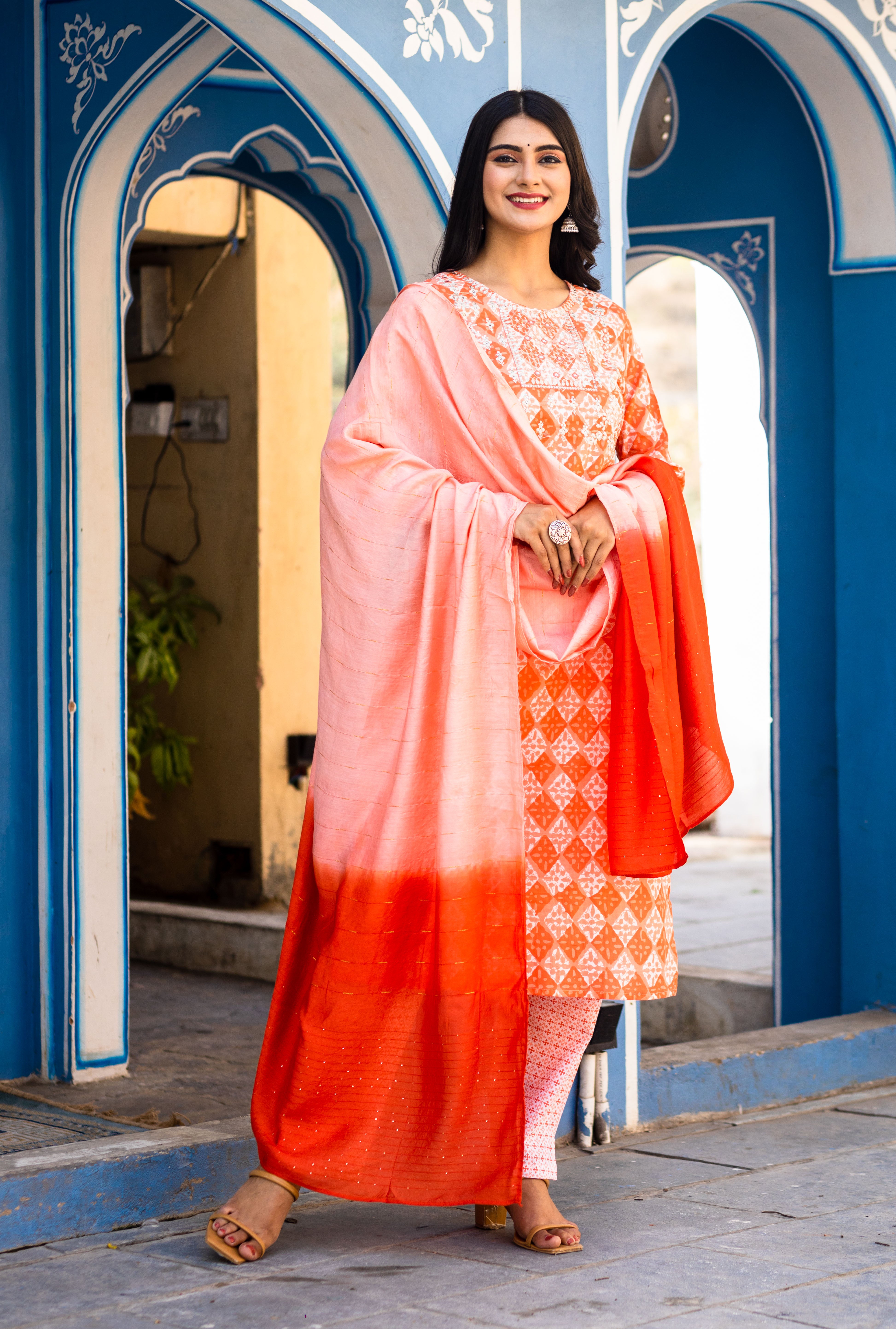 Elegant Orange Block Style Print Suit Set with Ombre Dupatta