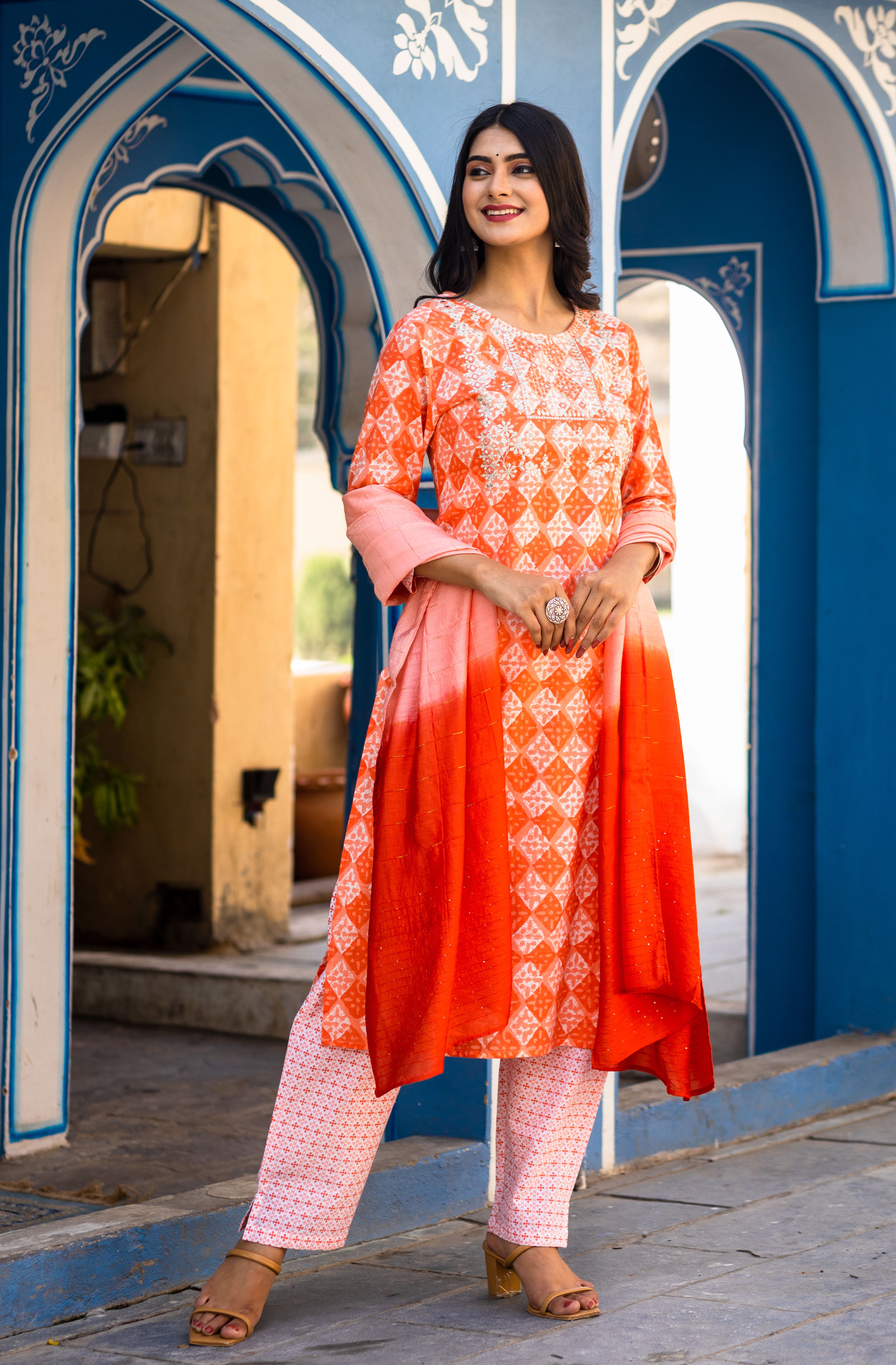 Elegant Orange Block Style Print Suit Set with Ombre Dupatta