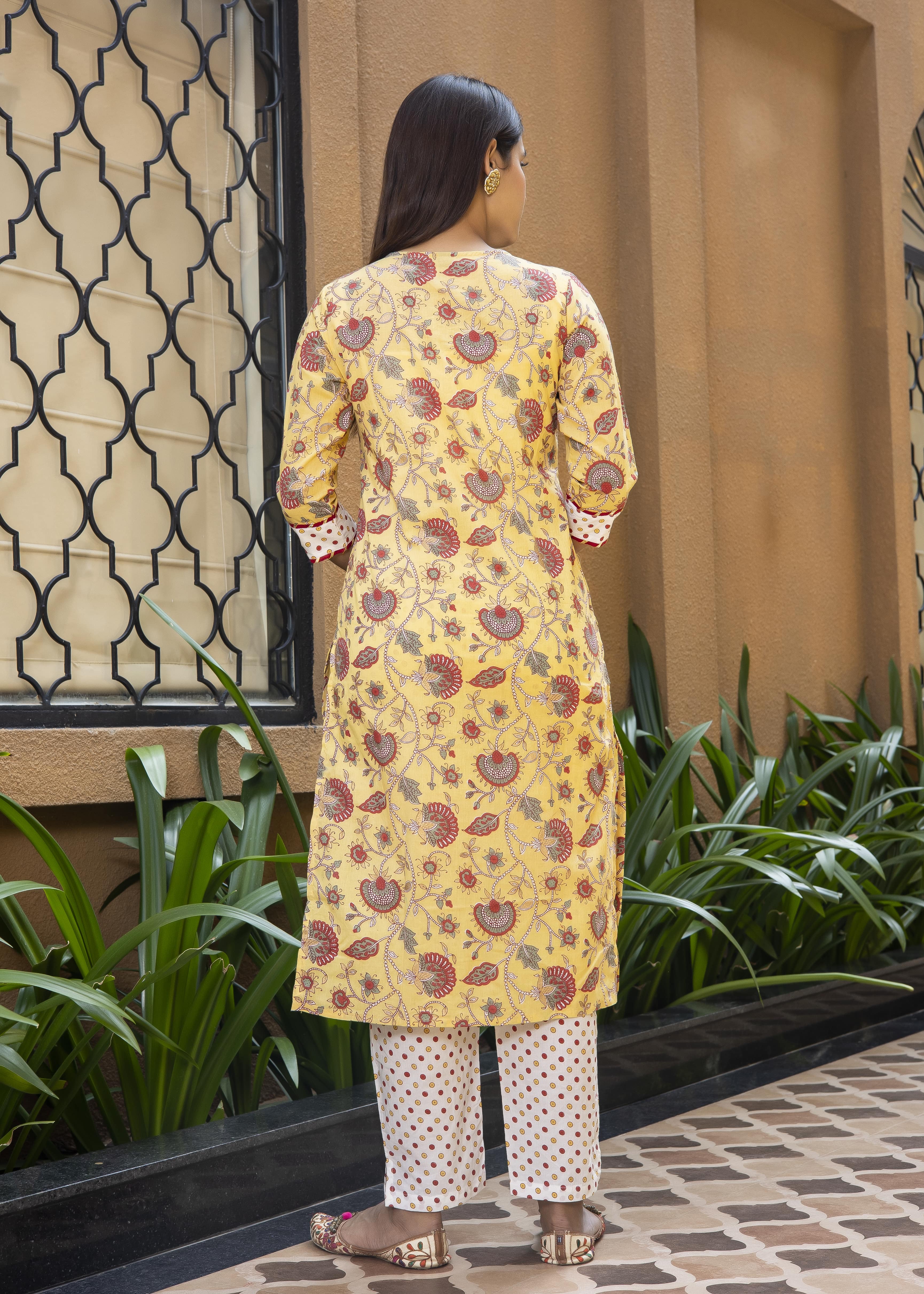 Yellow Floral Printed Cotton Suit Set