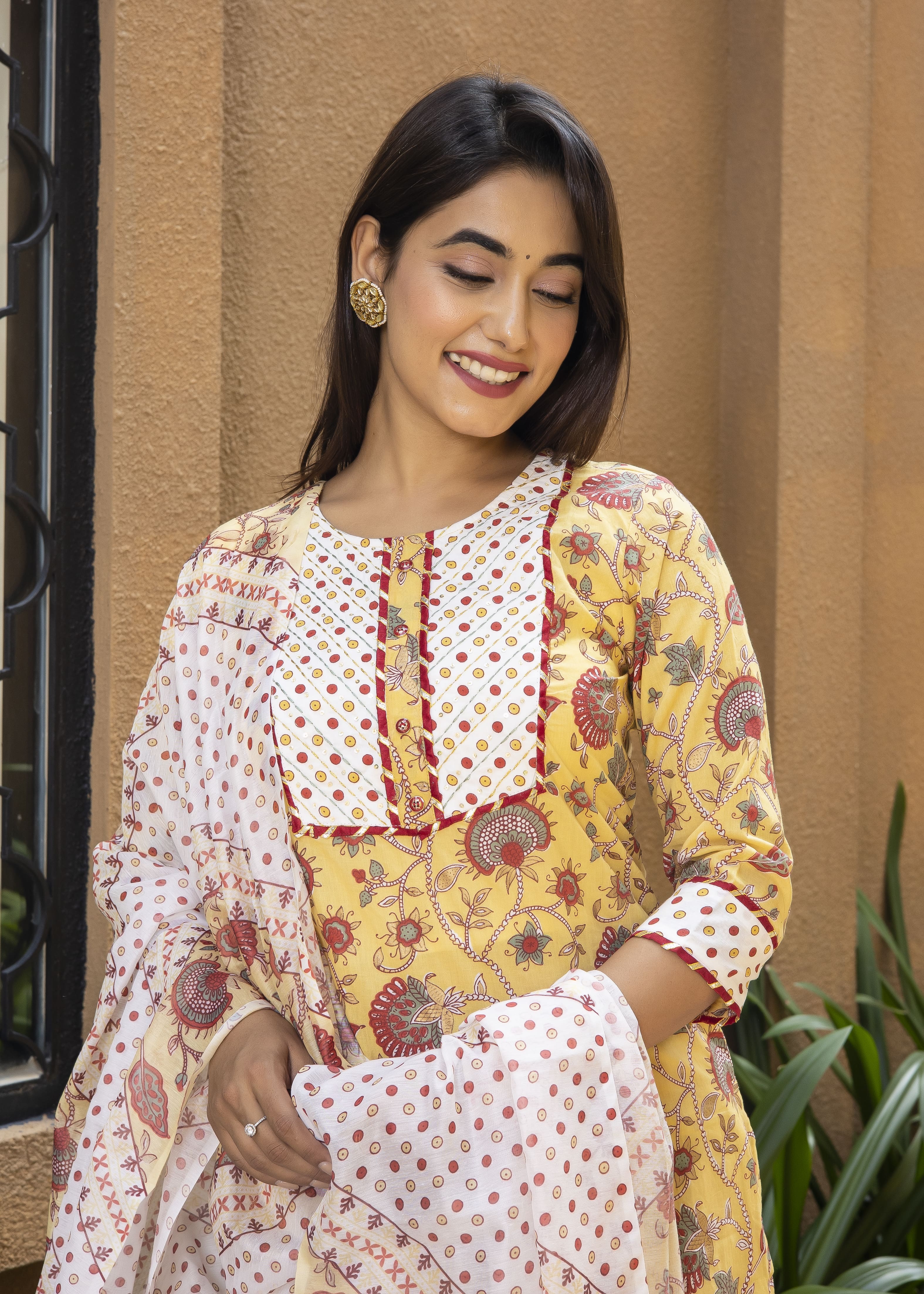 Yellow Floral Printed Cotton Suit Set
