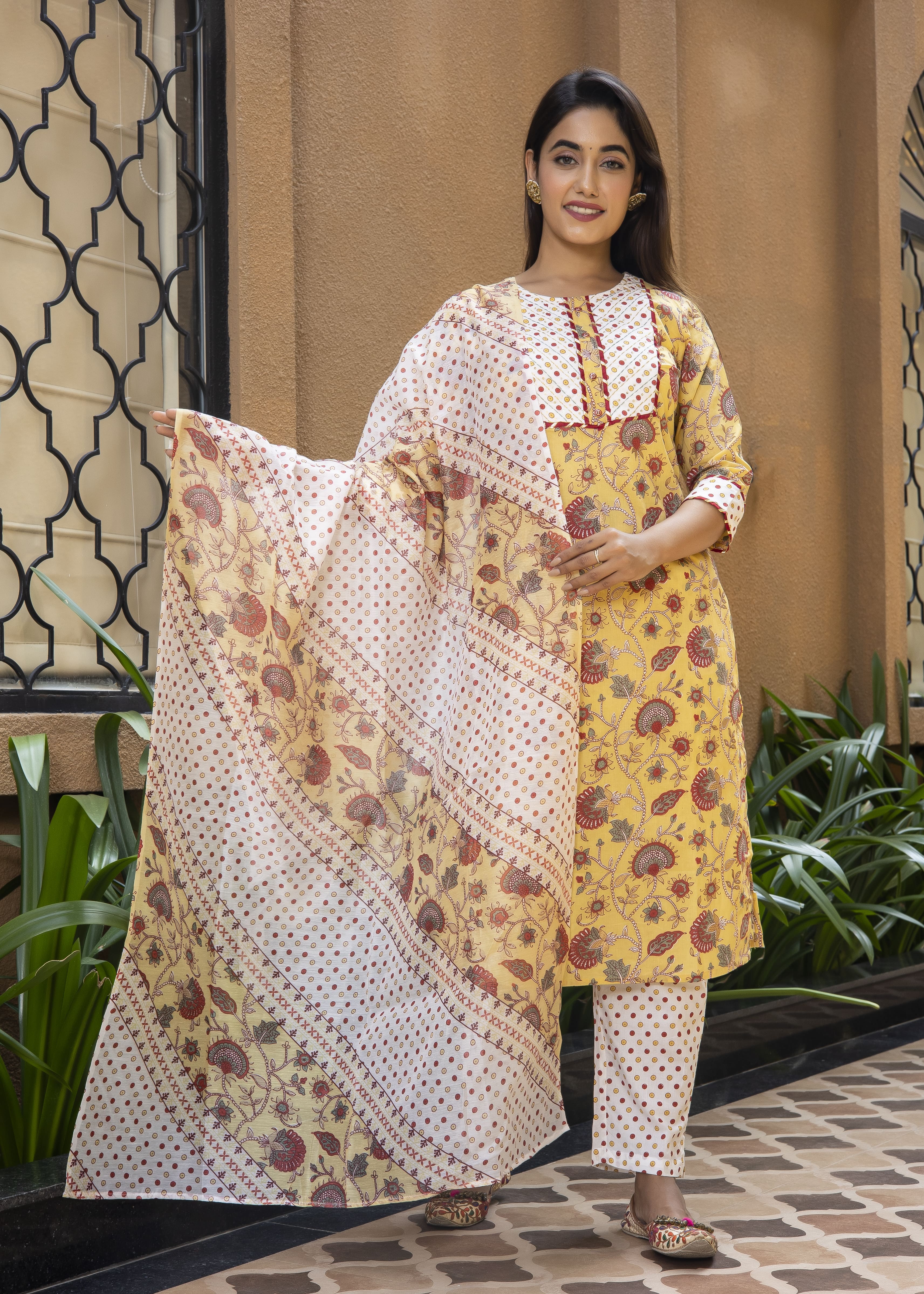 Yellow Floral Printed Cotton Suit Set