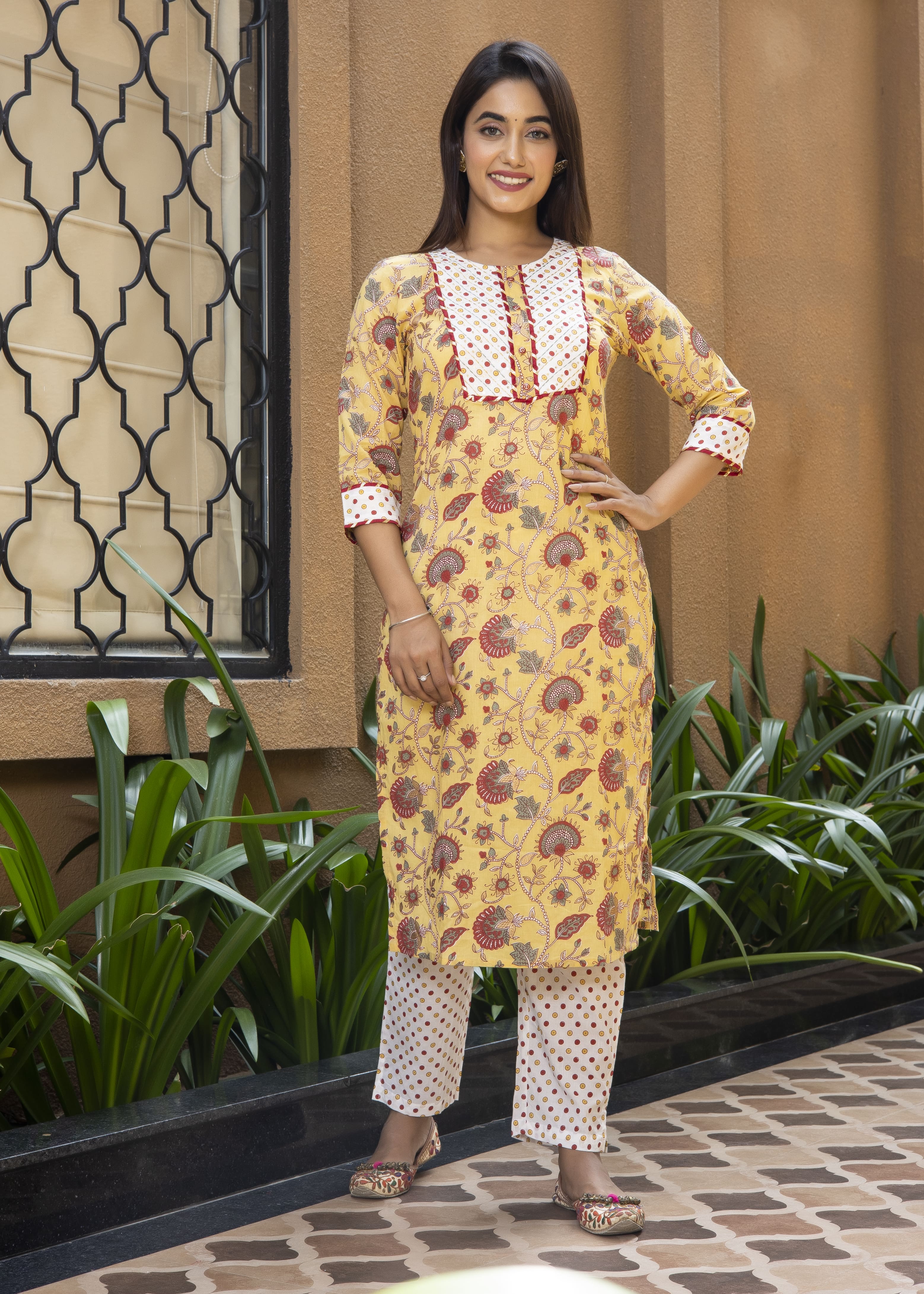 Yellow Floral Printed Cotton Suit Set