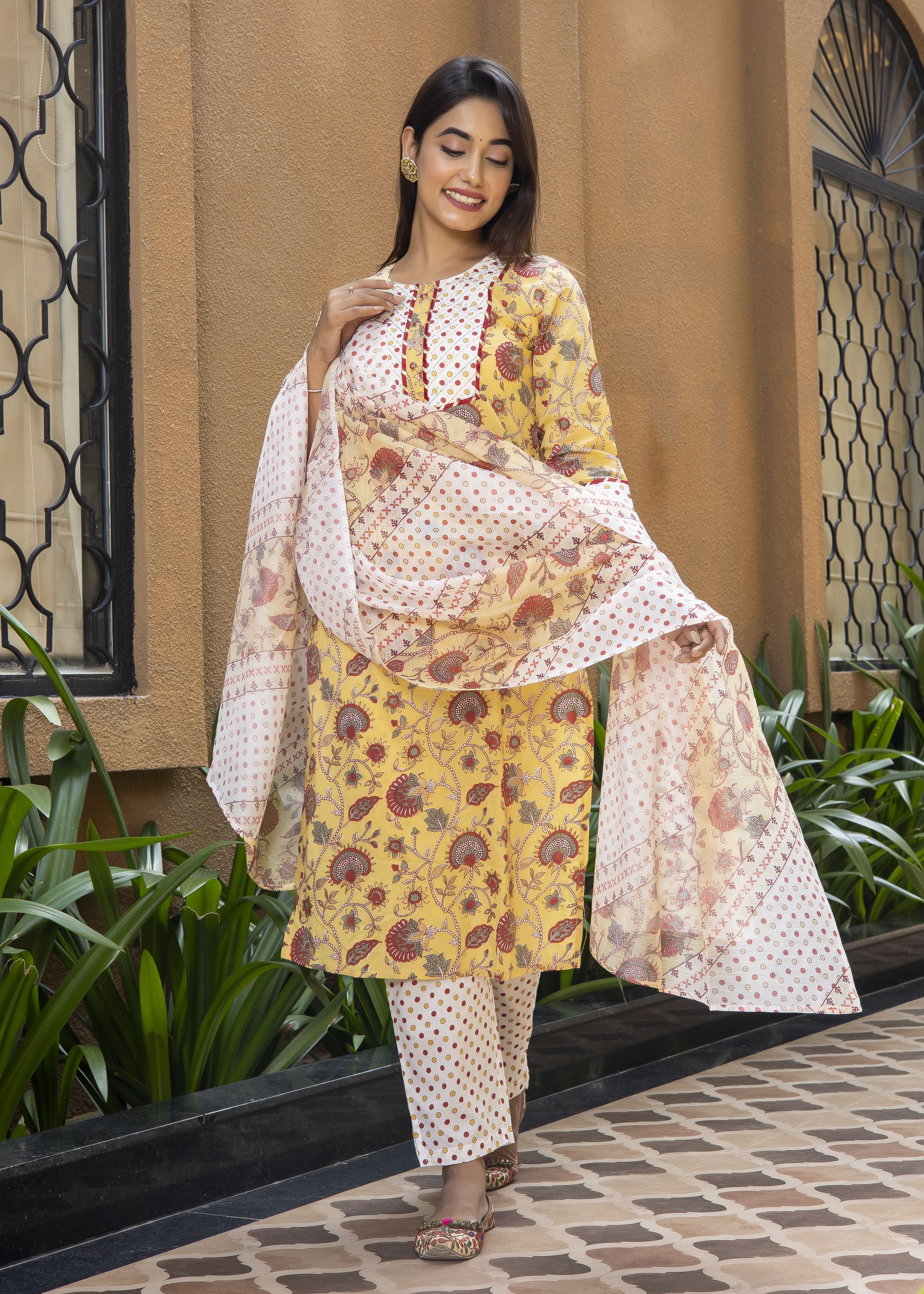 Yellow Floral Printed Cotton Suit Set